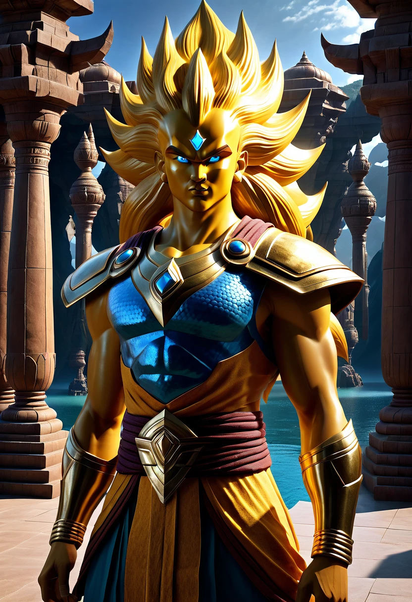 Atlantean warriors, Hedra, emerges as a luminary super saiyan in another dimension. he is south of india trending on artstation deviantart pinterest hyper detailed photorealistic highlights and shadow hd 8 k post - processing high resolution