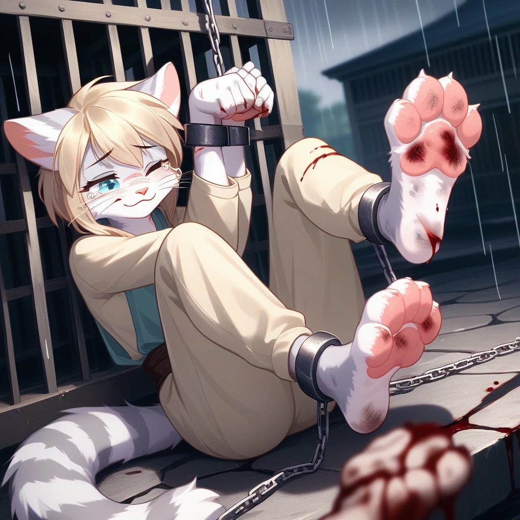 (hi res), ((masterpiece)) , ((best quality)),Solo, score_9,score_8_up,score_7_up, source_furry, Kat, Anthro furry feline girl, tall body, hourglass figure, adult female, blue eyes, silver fur, blonde hair with pony tail, (striped tail), white whiskers, pink nose, wearing simple blue long sleeve tunic, light brown fitted pants, barefoot, (feet paws), (4 toes), pink paw pads, foot focus, Her face was covered with tears,Have tears in her eyes,looking at viewers, looking uncomfortable, eyes closed, outdoors, rainy day, spread feet apart, cute dainty feet,(The two feet paws are connected with chains between them),(there are many chains),The chains fastened her hands and feet paws ,(feet chains focus),she is locked in a big cage, she is chained, chained on neck and feet,(very dirty feet),((bloody scars are only on her feet)),((no blood on her face )),(Fetters were placed on her feet),(Fetters and feet focused),(show the fetters),Hands chained to the cage,feet chained to the cage,She looks happy,She waved hands at viewers,