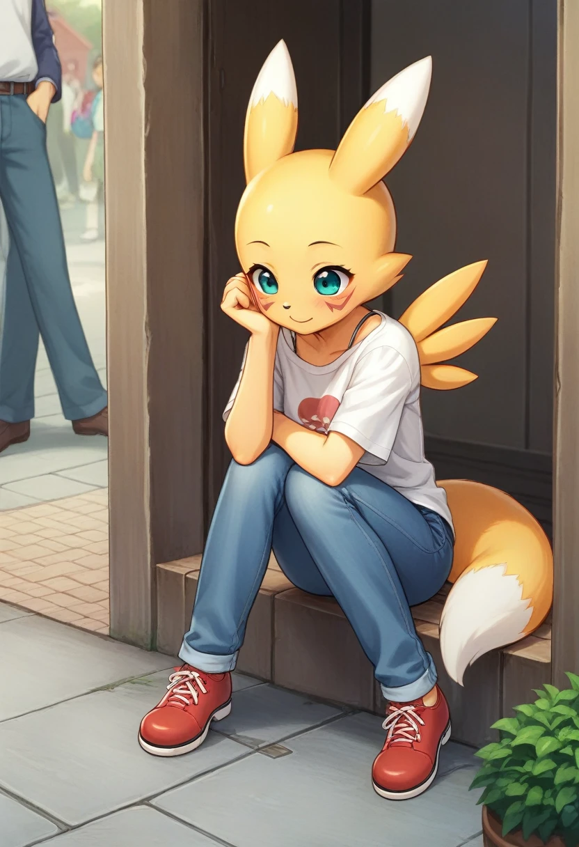 rest, src_Japanese cartoons, Endless, Official Art, masterpiece, 1 Girl, renamon (Digimon), anthropology, cute的, , very younger, young, , Uncensored, Oversized T-shirt, big jeans, Red high heels,Sexy, Honey, prostitute, Dagasi, Blink,cute