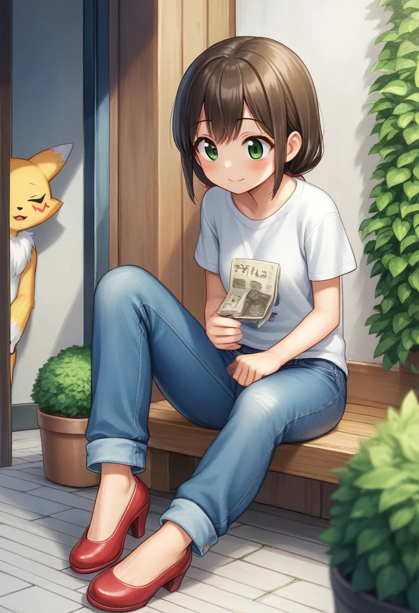rest, src_Japanese cartoons, Endless, Official Art, masterpiece, 1 Girl, renamon (Digimon), anthropology, cute的, , very younger, young, , Uncensored, Oversized T-shirt, big jeans, Red high heels,Sexy, Honey, prostitute, Dagasi, Blink，cute