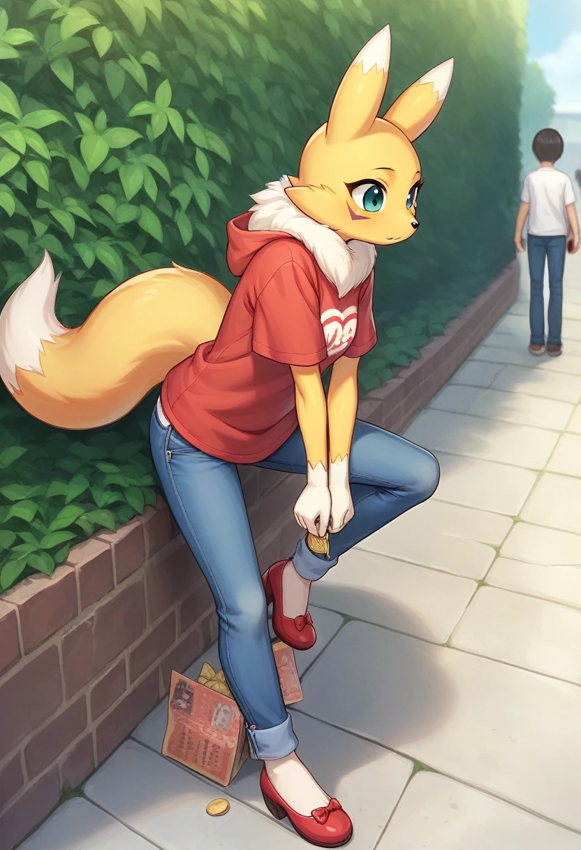 rest, src_Japanese cartoons, Endless, Official Art, masterpiece, 1 Girl, renamon (Digimon), anthropology, cute的, , very younger, young, , Uncensored, Oversized T-shirt, big jeans, Red high heels,Sexy, Honey, prostitute, Dagasi, Blink,cute