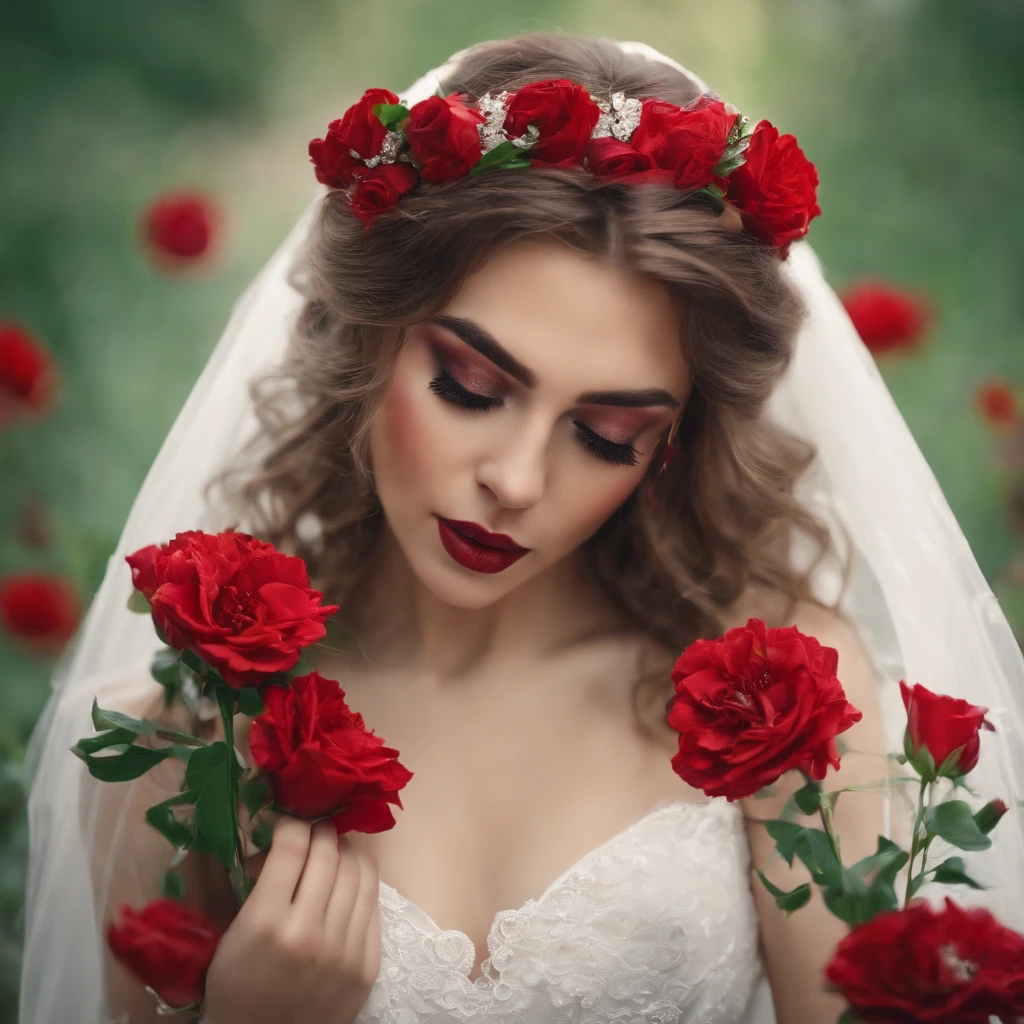 A beautiful girl dressed as a bride.green eyes, looking ahead crying, tears flowing and in her hands a bouquet of heart-shaped flowers, with red ink dripping between his hands