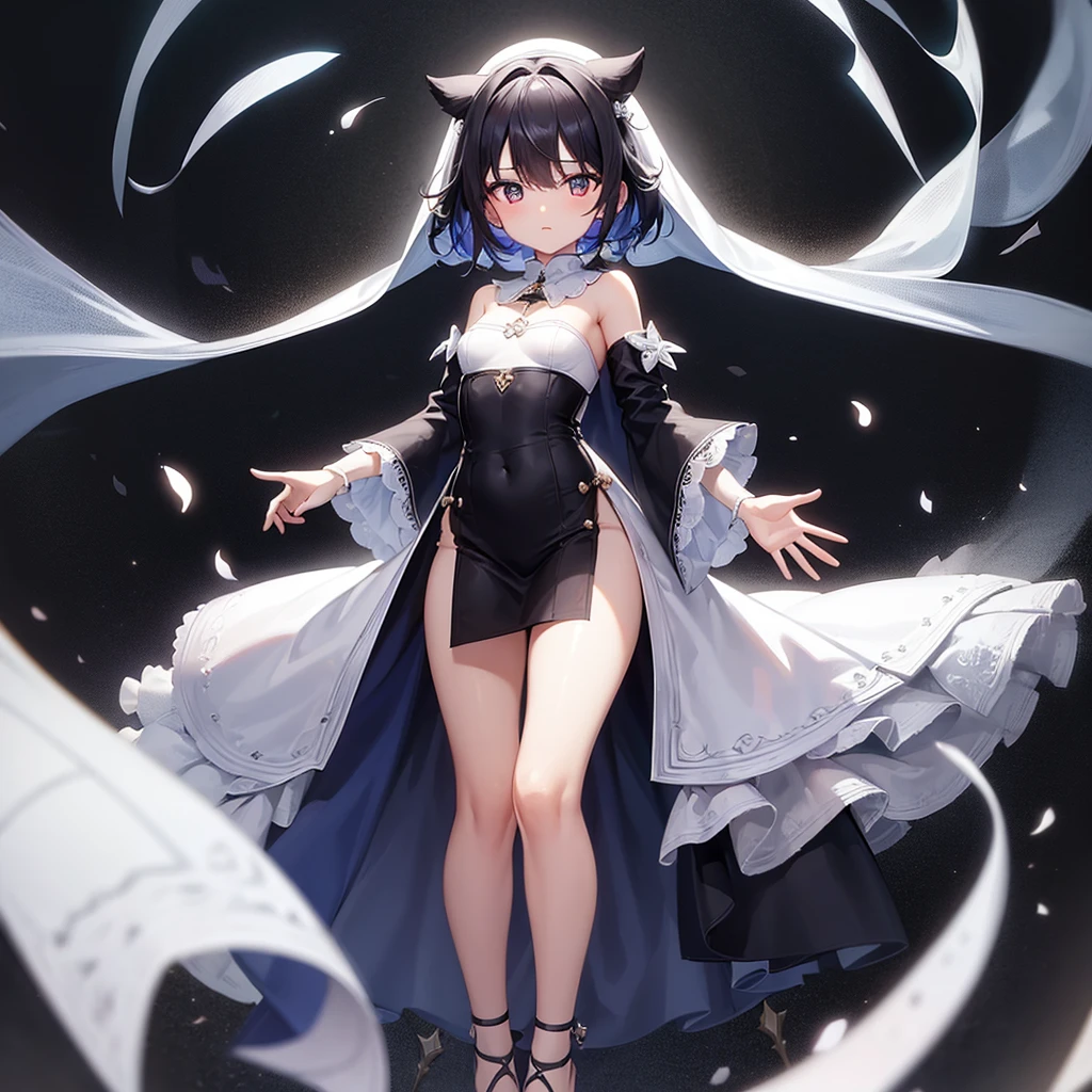 (Priest),(((Skimpy white clothes))),Veil,Cute little loli,Tiny Lori,Small girl,,Childish face, Very fine clean face,Top quality, Big eyes,Straight Hair,Yellow hair,Crimson Eye,(Dark Room), Subtle light, Natural light,Soft lighting,Light from directly behind, (Are standing), Cute pose, Open your hands, Showing the whole body,Front view,Black background