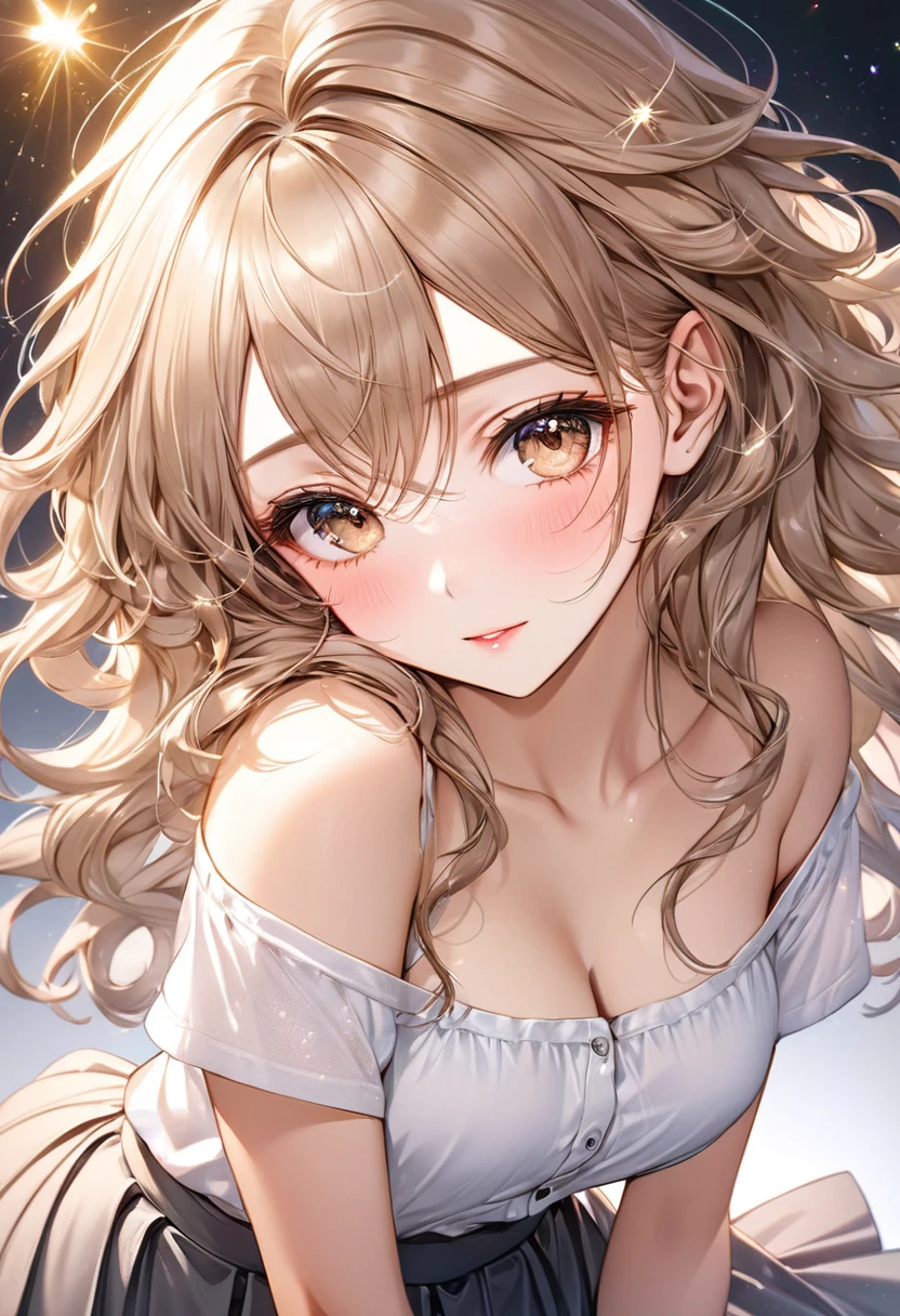 best quality, super fine, 16k, incredibly absurdres, extremely detailed, 2.5D, delicate and dynamic depiction, beautiful woman, amorous and lewd expression, light brown messy wavy hair, make-up, casual clothes, long skirt, sparkly fluffy effect, portraits, prime lenses, lens filters, clear subject