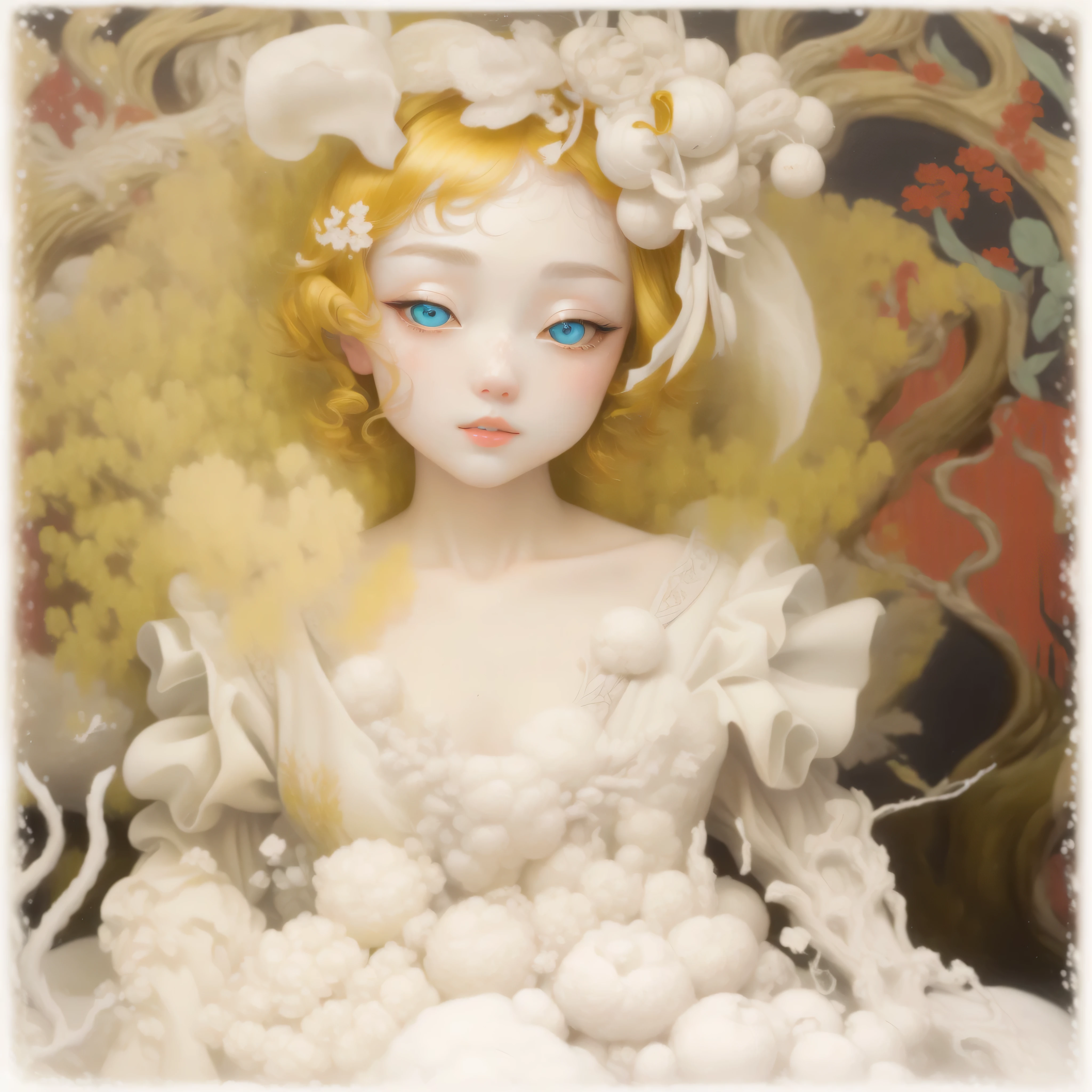 a close up of a doll with blonde hair and a white dress, Ball jointed doll, pale porcelain white skin, pale milky white porcelain skin, porcelain white skin, art doll, 磁器のようなWhite skin, pale young ghost girl, white ( Cat ) girl, albino white pale skin, pale snow white skin, Bold, 青White skin, White skin!!, Oil painting, Renaissance, Classical painting