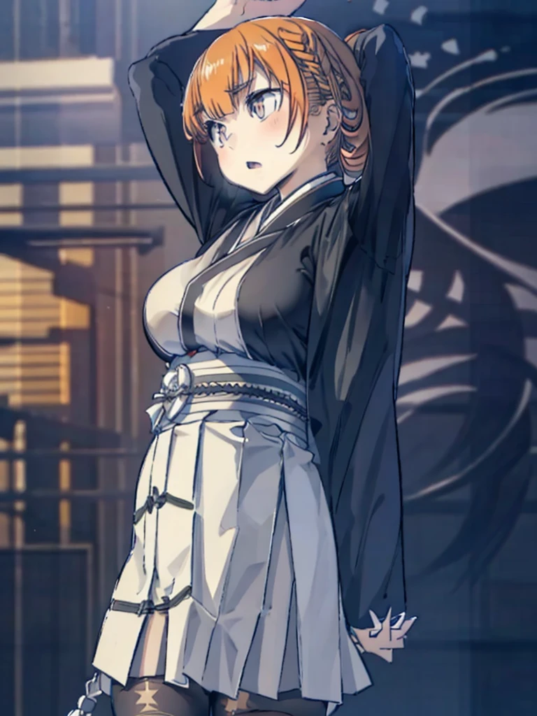 1boy,1girl,backlighting,black_kimono,bleach,boonheur,commentary,energy_barrier,energy_shield,english_commentary,fighting_stance,floating_hair,full_body,grey_jacket,grey_skirt,hair_ornament,hetero,highres,holding,holding_sword,holding_weapon,inoue_orihime,jacket,japanese_clothes,kimono,kurosaki_ichigo,long_hair,long_sleeves,looking_at_viewer,miniskirt,obi,orange_hair,outstretched_arms,pleated_skirt,sandals,sash,school_uniform,serious,short_hair,simple_background,sketch,skirt,standing,star_(symbol),star_hair_ornament,sword,tabi,thighhighs, best quality, masterpiece, nai3