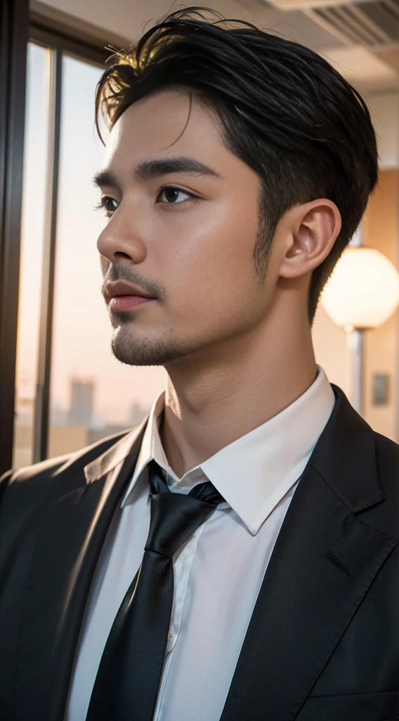 (realistically, Masterpiece, High resolution 8K, good light quality, Portrait, closed on face, complicated details), Handsome Korean Uncle, Beard,Age 40, Staring at desire, detailed face, Detailed eyes, look at the sky, shirt, suit lac suit,tick,黑Eyes, (Pale skin), body standards,brown hair, smooth hair,Big Back, Outdoor activities, evening, sunset,office room, Exaggerated, impersonal