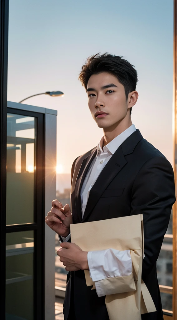 (realistically, Masterpiece, High resolution 8K, good light quality, Portrait, closed on face, complicated details), Handsome Korean Uncle, Beard,Age 40, Staring at desire, detailed face, Detailed eyes, look at the sky, shirt, suit lac suit,tick,黑Eyes, (Pale skin), body standards,brown hair, smooth hair,Big Back, Outdoor activities, evening, sunset,office room, Exaggerated, impersonal