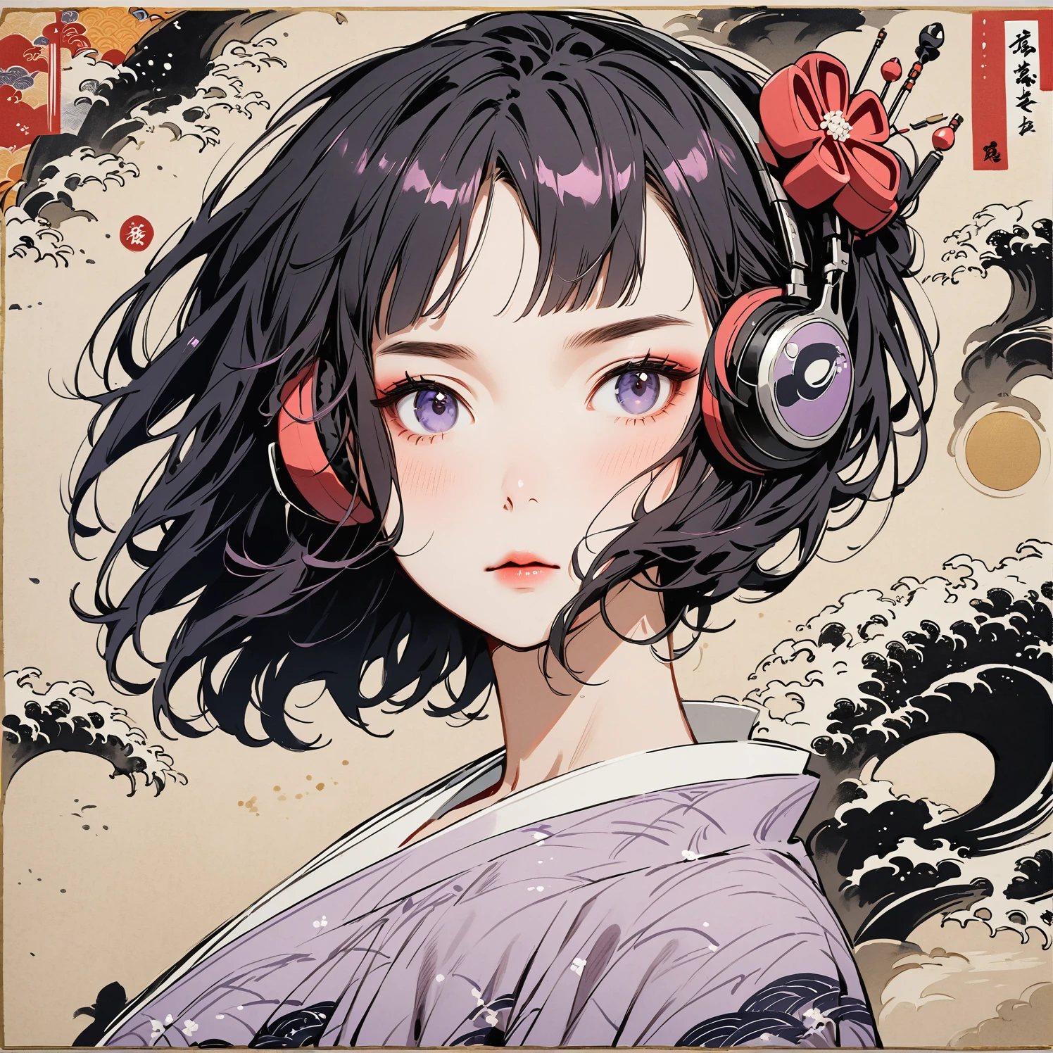 Highest quality, Katsushika Hokusai, Ink Painting, (((shorthair))), (((1 girl))), (((Pale purple kimono))), Japanese style headphones, Wisteria flower, beautiful girl, Black Hair, Delicate and precise, Modern ukiyo-e style