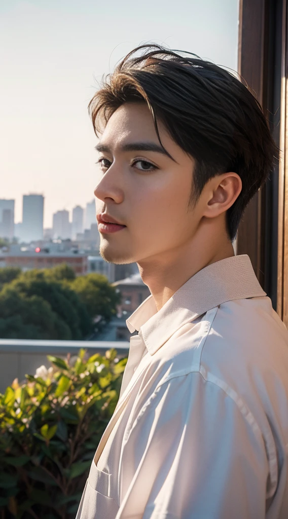 (realistically, Masterpiece, High resolution 8K, good light quality, Portrait, closed on face, complicated details), Handsome Korean Uncle, Beard，Age 40, Staring at desire, detailed face, Detailed eyes, look at the sky, shirt, suit lac suit，tick,黑Eyes, (Pale skin), body standards,brown hair, smooth hair,Big Back， Outdoor activities, evening, sunset,office room, Exaggerated, impersonal
