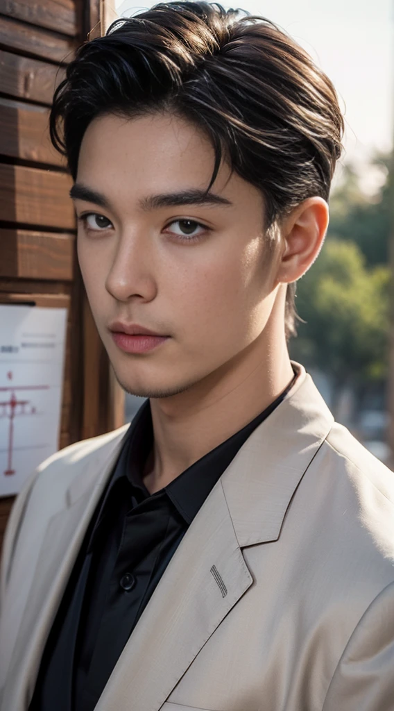 (realistically, Masterpiece, High resolution 8K, good light quality, Portrait, closed on face, complicated details), Handsome Korean Uncle, Beard,Age 40, Staring at desire, detailed face, Detailed eyes, look at the sky, shirt, suit lac suit,tick,黑Eyes, (Pale skin), body standards,brown hair, smooth hair,Big Back, Outdoor activities, evening, sunset,office room, Exaggerated, impersonal