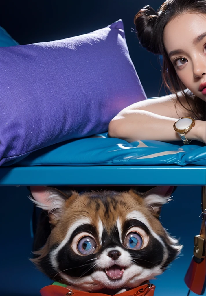 pillow The image shows a girl lying on a bed. She is wearing a white t-shirt and pink shorts. The girl is resting her head on her hands, and her hair is styled in two buns. Her face is obscured, adding an element of mystery to the image. The bed and pillow are blue, and the background is also in deep blue tones, creating a monochromatic color scheme. The floor is made of wood and shares the same blue hue. The atmosphere of the scene is calm and mysterious, with a focus on the girl lying on the bed. clouds, A 3D, glossy scene featuring two adorable latex-like purple cats with a shiny, plastic finish. The cats have large, expressive eyes and are positioned playfully on fluffy clouds in the night sky. The lighting is realistic, highlighting the glossy, reflective surfaces of the cats clouds and creating a vibrant, magical atmosphere. The overall clouds effect is smooth and polished, with the latex clouds and plastic textures enhancing the whimsical and lifelike appearance of the characters. cloudsмультяшный рендеринг ключевого кадра, милый 3D рендеринг,,Create ultra sharp  цветной рендеринг zbrush. perfect cgi, cgi art created only with gradients, smooth silhouette, Create ultra sharp skin, high intensity refraction, (plastic material), most beautiful vfx, blue background, plastic refractions, glossy texture, smooth 3d model, multiple light sources, rim light, sharp post effects render, (glossy plastic texture with multiple big light probe refractions), perfect cgi, cgi art created only with gradients, smooth silhouette, high intensity refraction, (plastic material), most beautiful vfx, blue background