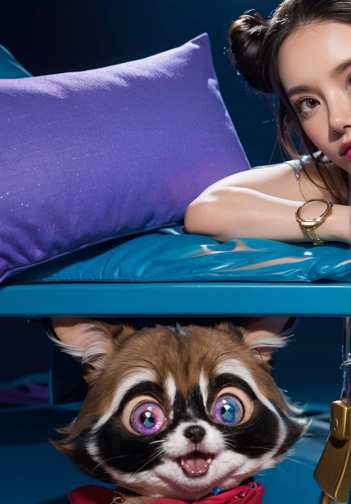 pillow The image shows a girl lying on a bed. She is wearing a white t-shirt and pink shorts. The girl is resting her head on her hands, and her hair is styled in two buns. Her face is obscured, adding an element of mystery to the image. The bed and pillow are blue, and the background is also in deep blue tones, creating a monochromatic color scheme. The floor is made of wood and shares the same blue hue. The atmosphere of the scene is calm and mysterious, with a focus on the girl lying on the bed. clouds, A 3D, glossy scene featuring two adorable latex-like purple cats with a shiny, plastic finish. The cats have large, expressive eyes and are positioned playfully on fluffy clouds in the night sky. The lighting is realistic, highlighting the glossy, reflective surfaces of the cats clouds and creating a vibrant, magical atmosphere. The overall clouds effect is smooth and polished, with the latex clouds and plastic textures enhancing the whimsical and lifelike appearance of the characters. cloudsмультяшный рендеринг ключевого кадра, милый 3D рендеринг,,Create ultra sharp цветной рендеринг zbrush. perfect cgi, cgi art created only with gradients, smooth silhouette, Create ultra sharp skin, high intensity refraction, (plastic material), most beautiful vfx, blue background, plastic refractions, glossy texture, smooth 3d model, multiple light sources, rim light, sharp post effects render, (glossy plastic texture with multiple big light probe refractions), perfect cgi, cgi art created only with gradients, smooth silhouette, high intensity refraction, (plastic material), most beautiful vfx, blue background