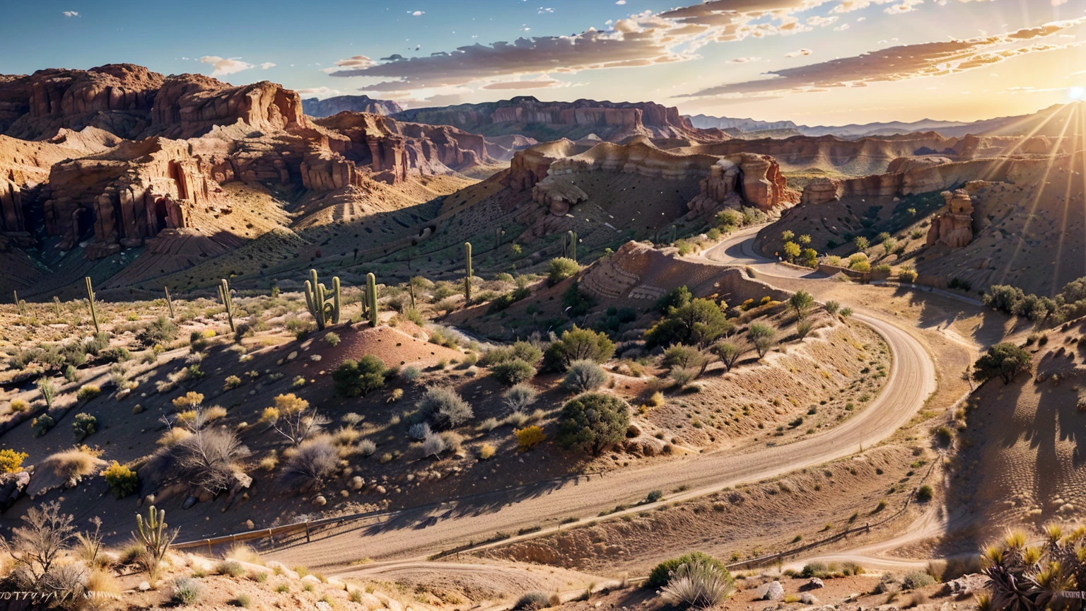(create an ultra-high definition, hyper-realistic, highly detailed, high-quality image, sharp focus, professional lighting, vivid colors, warm tones and intricate details, representing in detail a desert background, golden sunset, reeds, stones, sand, grasses, bushes, distributed across terrain, desert plants, cacti, xerophytic vegetation, setting sun, canyons, rocks, meticulously capturing every intricate detail). Fujifilm XT3 sharp focus, professional lighting, vivid colors, intricate details, film grain, Fujifilm XT3 realistic painting art, f5.6, physically-based rendering, natural lighting, cinematic lighting ,dramatic lighting, professional, dynamic movement, colorful lighting, vibrant colors, studio lighting, professional photography, cinematic composition, symmetrical framing, landscape, Utilize state-of-the-art deep learning models and adjust parameters according to quality metrics such as Structural Similarity (SSIM) and Perceptual Loss to create an image that is indistinguishable from a real, high-quality photograph, (best quality,4k,8k,16k,Highest,masterpiece:1.2),(realistic,photorealistic,photo-realistic:1.37), (extremely detailed CG unit, 16k wallpaper), 16k UHD, 16k HDR,(ultra-high definition, hyper-realistic, highly detailed, high-quality image, sharp focus, professional lighting, vivid colors and intricate details),