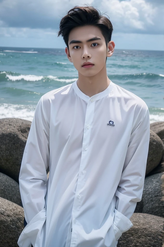 A young man in a shirt stood by the sea with a serious expression., looking into the distance,Eyebrows frowned.,He looked worried.,Turn your head slightly.,Cloudy day