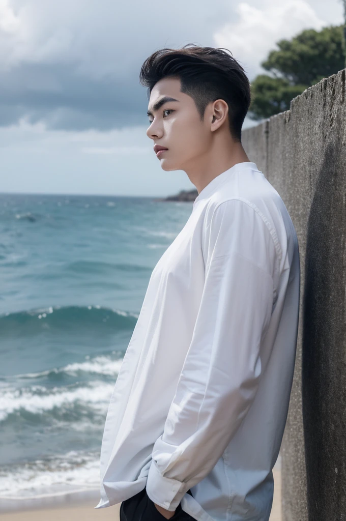 A young man in a shirt stood by the sea with a serious expression., looking into the distance，Eyebrows frowned.，He looked worried.，Turn your head slightly.，Cloudy day