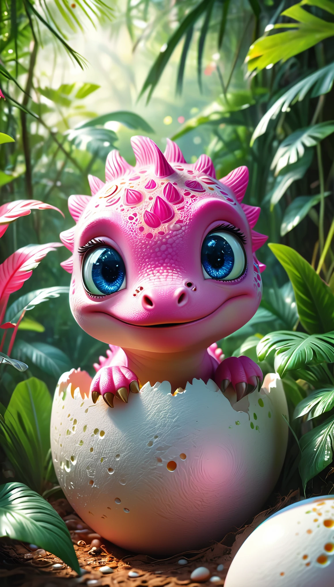 a cute pink dinosaur hatching from an egg, beautiful detailed eyes, beautiful detailed face, extremely detailed eyes and face, adorable expression, lush jungle background, dreamy, whimsical, watercolor, digital painting, (best quality,4k,8k,highres,masterpiece:1.2),ultra-detailed,(realistic,photorealistic,photo-realistic:1.37),vibrant colors,soft lighting