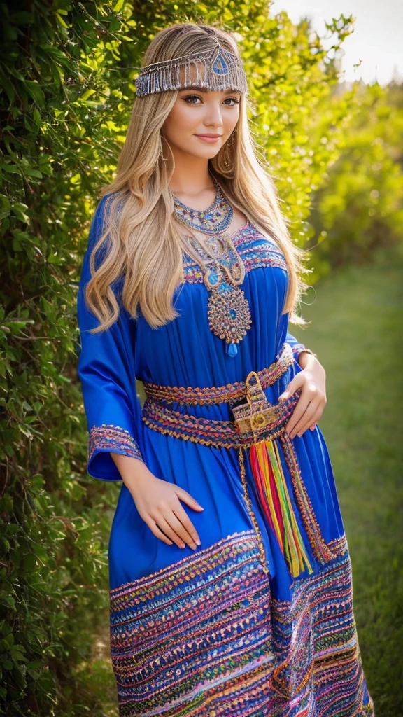 beautifull hot german blonde, robe kabyle, berber, amazigh dress, kabyledress, tizi ouzou, berber outfil, kabylegirl, bijoux, beautifull nature background, full body, realistic, blue robes