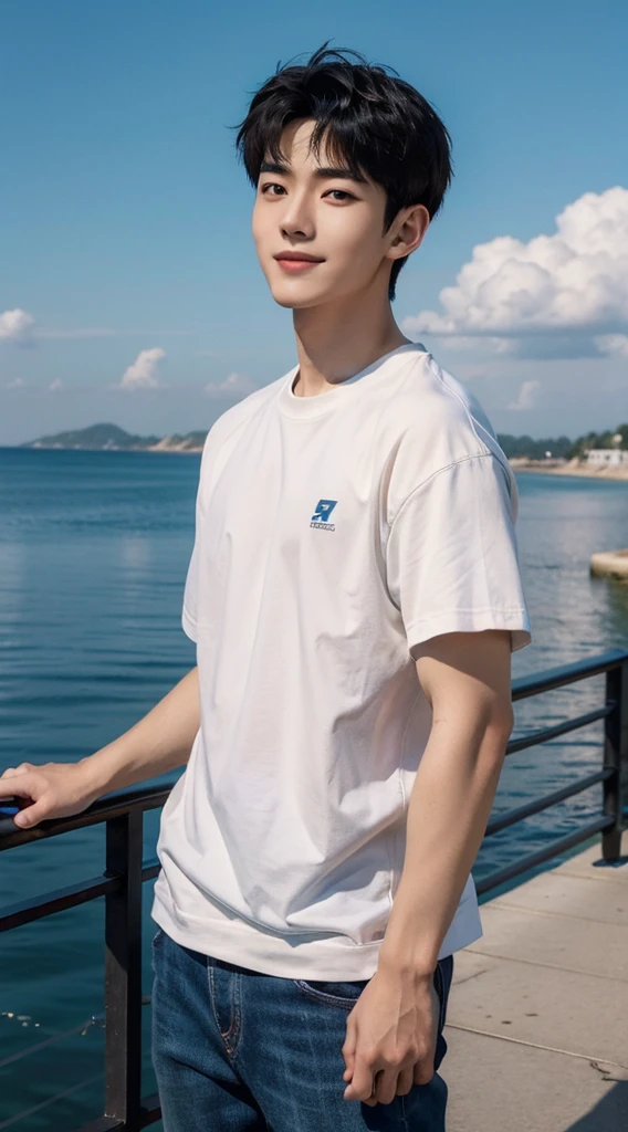 (As a matter of fact, Masterpiece, 8k HD, good light quality, sportswear, fit the face, complicated details), Handsome Korean young man, 20 years old, be happy, smile brightly, detailed face, delicate eyes, มองดูsky, Wear casual clothes, period, black eyes, Black hair color, ผมsmooth, smooth, outdoor sports, By the sea, Sunny,sky,Surreal,Awesome details,Highest quality,real,