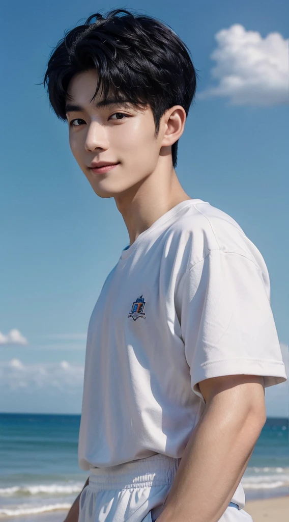(As a matter of fact, Masterpiece, 8k HD, good light quality, sportswear, fit the face, complicated details), Handsome Korean young man, 20 years old, be happy, smile brightly, detailed face, delicate eyes, มองดูsky, Wear casual clothes, period, black eyes, Black hair color, ผมsmooth, smooth, outdoor sports, By the sea, Sunny,sky，Surreal，Awesome details，Highest quality，real，
