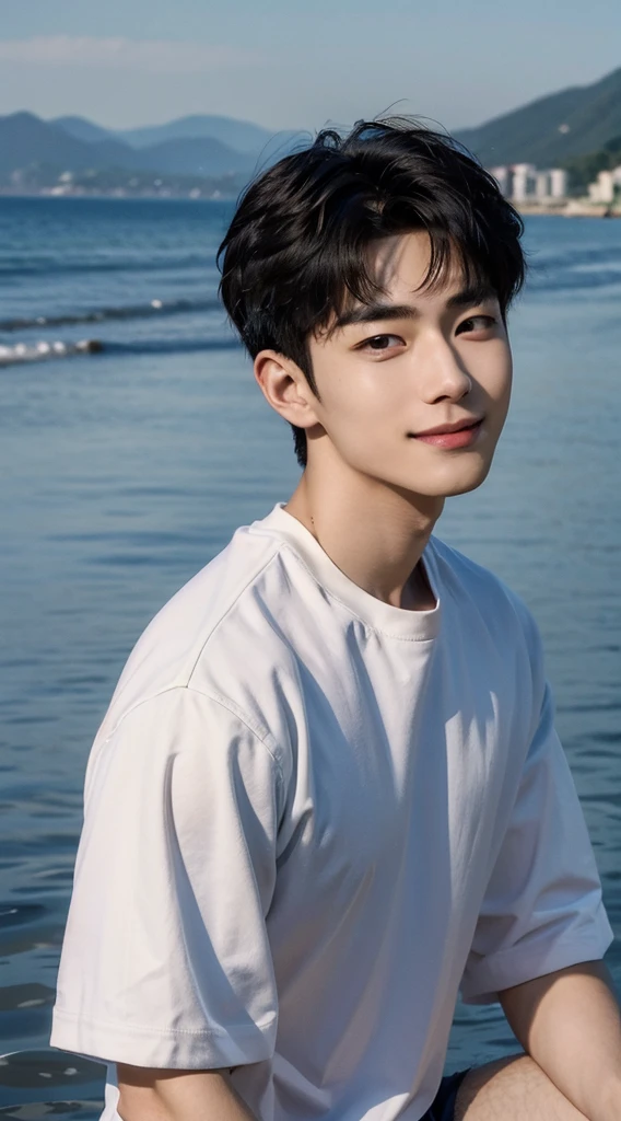 (As a matter of fact, Masterpiece, 8k HD, good light quality, sportswear, fit the face, complicated details), Handsome Korean young man, 20 years old, be happy, smile brightly, detailed face, delicate eyes, มองดูsky, Wear casual clothes, period, black eyes, Black hair color, ผมsmooth, smooth, outdoor sports, By the sea, Sunny,sky,Surreal,Awesome details,Highest quality,real,