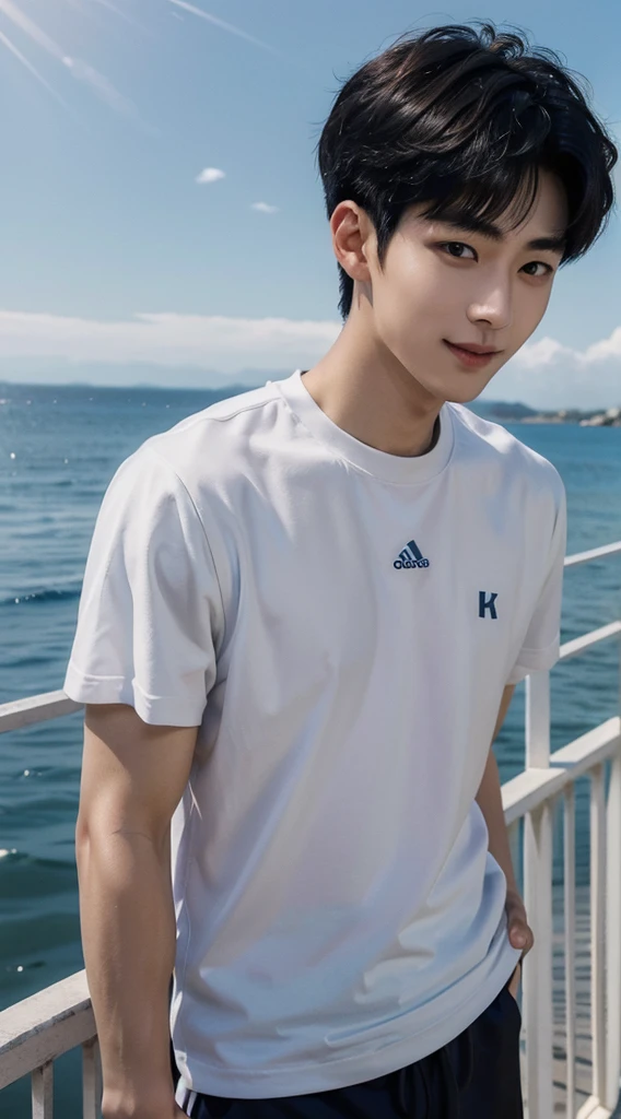 (As a matter of fact, Masterpiece, 8k HD, good light quality, sportswear, fit the face, complicated details), Handsome Korean young man, 20 years old, be happy, smile brightly, detailed face, delicate eyes, มองดูsky, Wear casual clothes, period, black eyes, Black hair color, ผมsmooth, smooth, outdoor sports, By the sea, Sunny,sky,Surreal,Awesome details,Highest quality,real,