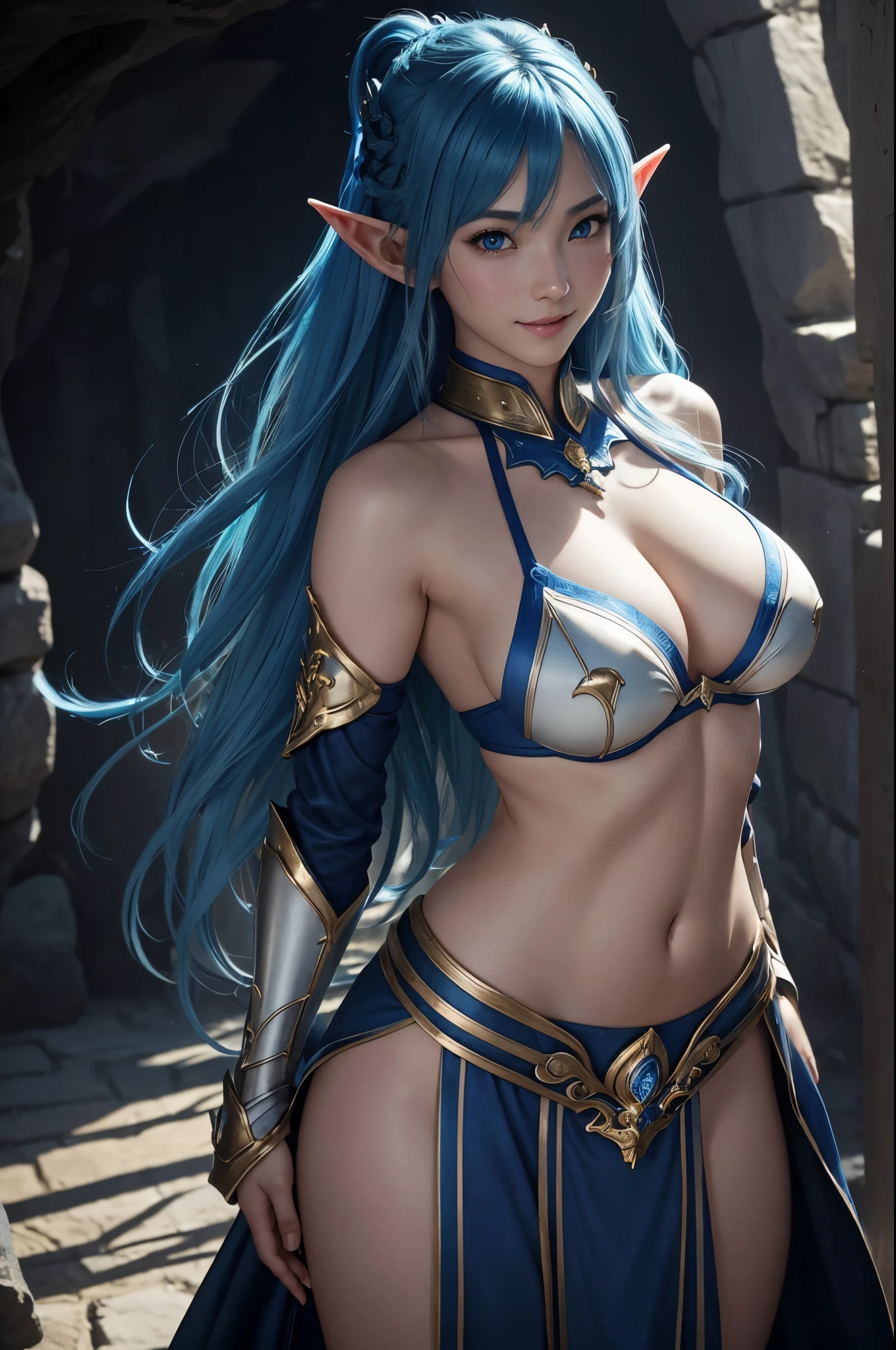 8K、Blue and white extra large chest armor(Metal)Dark Elf wearing、Super Beauty(Realistic)、全身にSunburned skin、Elf Ears、青と白のVery large breasts部鎧、Model Chute Style、(非常に詳細なCGユニティ8K壁紙)、Full body photos of the most beautiful works of art in the world、Front 4 poses、Blue Hair、Gorgeous blue and white combat skirt、medieval architecture、Trending on Art Station、CG Trends、Detailed、Every detail、Sharp focus、Very large breasts、Blue Eyes、Viewer、Beautiful expression、Accentuate your cleavage、Beautiful decoration、smile、make、Inside the cave、全身のSunburned skin、Beautiful Blue Hair、Sunburned skin、全身のSunburned skin、Dark-skinned female elf、Rich colors、Backlight、Cinema Lighting、Film Grain、50mm lens、Nikon D850、Ultra-high resolution、Ultra-realistic、Dynamic fighting poses、青と白のVery large breasts部装甲(Metal)、In a dimly lit dungeon、makeアップ,Sunburned skin,Blue and white shoulder armor,Very large breasts,