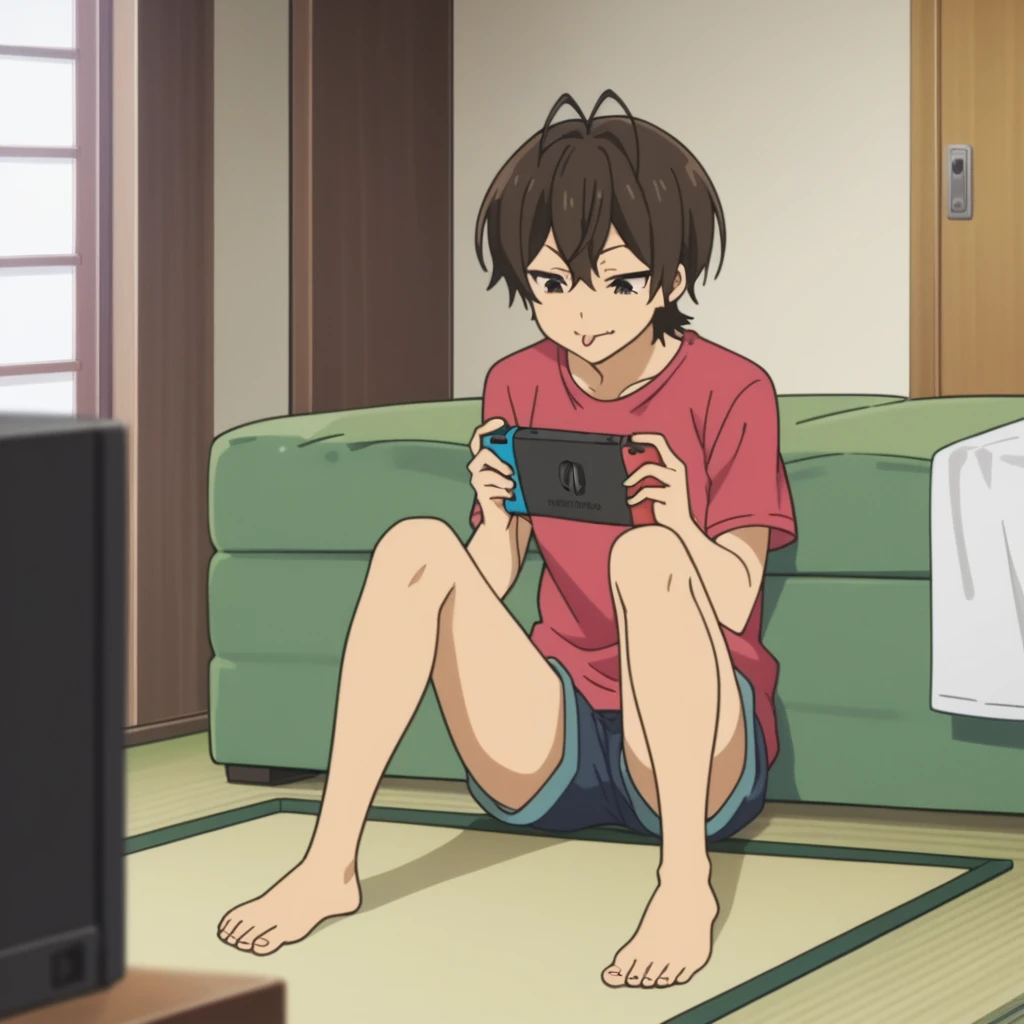 score_8_up, score_7_up, score_6_up, source anime, anime screencap, miwa, shirt, shorts, sitting, legs spread, knees bent, tatami mat, indoors, living room, holding nintendo switch, looking at nintendo switch, concentrating, closed mouth, tongue out, tongue,