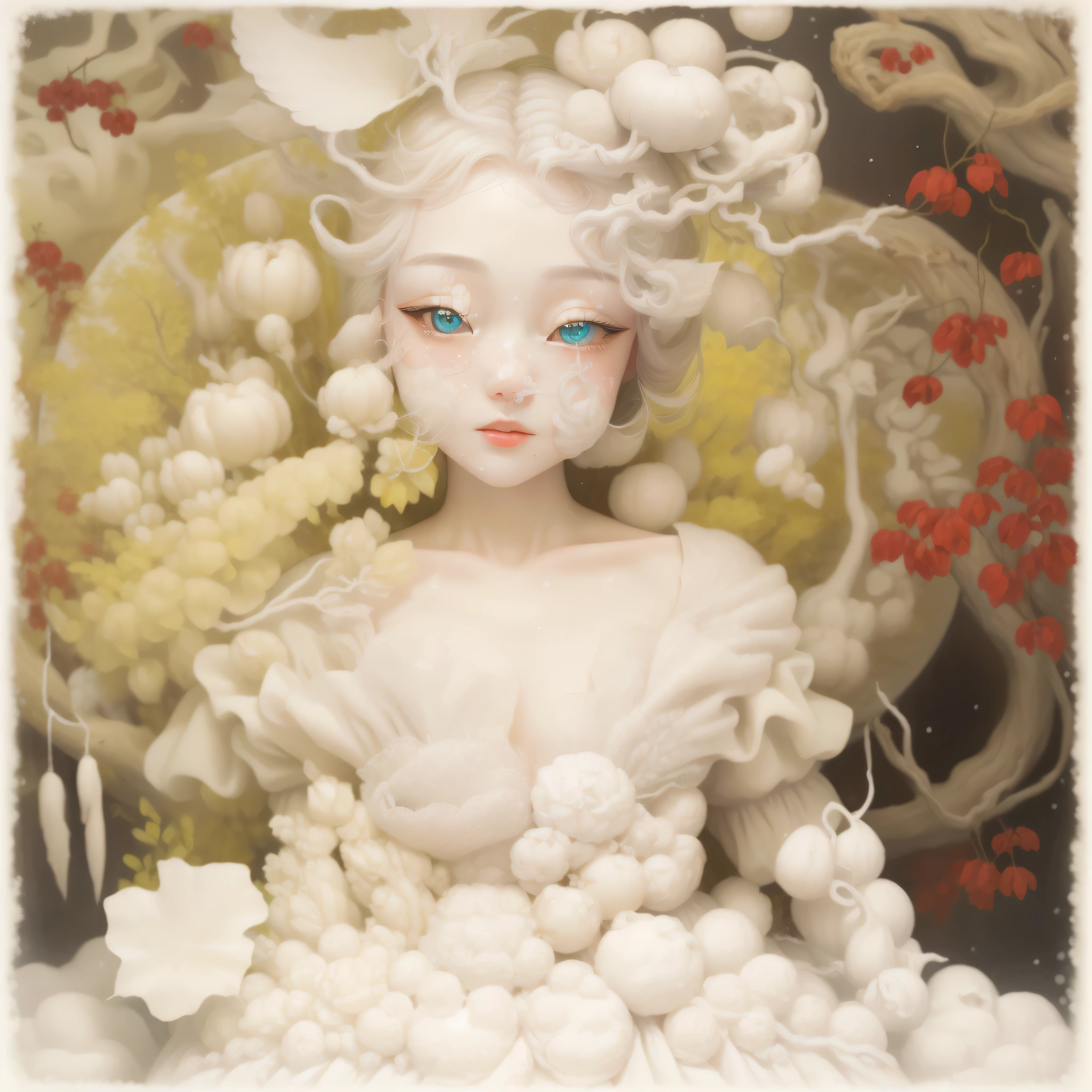 a close up of a doll with blonde hair and a white dress, Ball jointed doll, pale porcelain white skin, pale milky white porcelain skin, porcelain white skin, art doll, 磁器のようなWhite skin, pale young ghost girl, white ( Cat ) girl, albino white pale skin, pale snow white skin, Bold, 青White skin, White skin!!, Oil painting, Renaissance, Classical painting