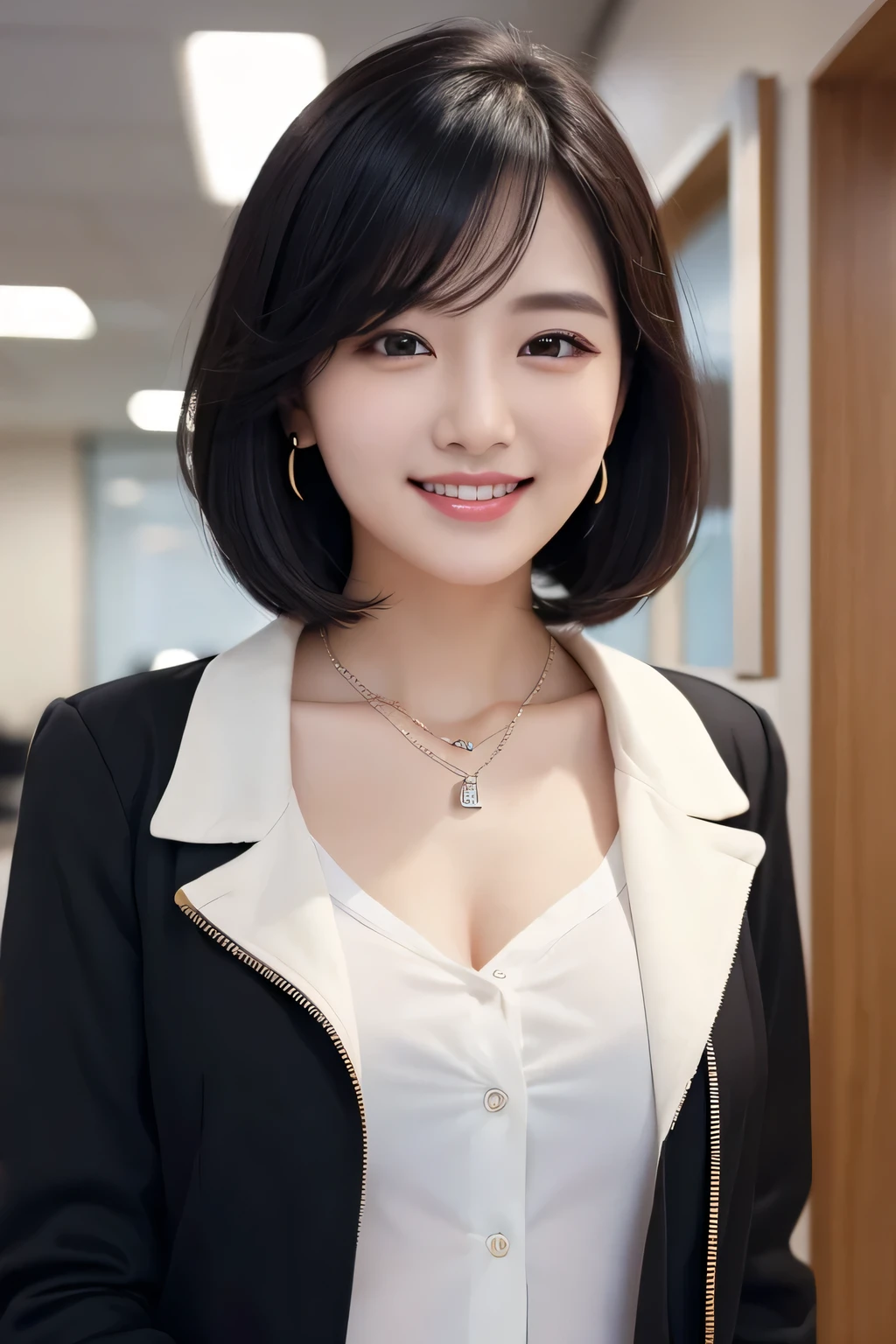 Beautiful young woman、 Black Hair、Necklace around the neck、Office Lady Suits、Jacket、Unbuttoned shirt、smile、Beautiful teeth alignment、short hair、Intricate details, Very detailed:1.2), 、 Looking into the camera,The background is the office、Necklace around the neck、Dark eyeliner、ear piercing
