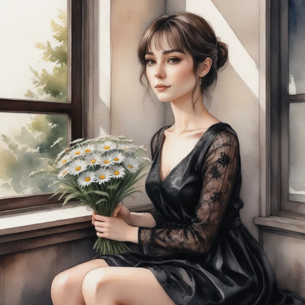 anime girl, A watercolor illustration, a woman with dark brown hair, sitting on a window sill. She is dressed in a black lace dress, adorned with long sleeves and a high neckline. her dark brown hair is tied up in a messy bun, adding a touch of casualness to her appearance. Her right hand is casually placed in her lap, while her left hand is crossed in front of her chest. she is holding a bouquet of white daisies in her right hand, with her left hand resting on her lap. the bag she holds is black leather, with her name written in white letters on the front. the background is intentionally blurred, creating a bokeh effect that draws the viewer's attention to the woman and her bag.