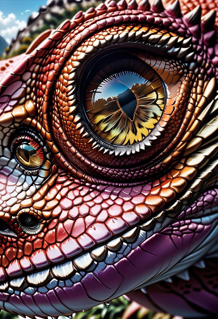 there is a large (black and white butterfly: 1.2)  (sitting on the top of the nose: 1.5) of a (bright pink T-rex: 1.2) dinosaur, the butterfly wings are spread wide to display, a really close up shot, (masterpiece: 1.4) intense details, highly detailed, photorealistic, best quality, highres,16k, [ultra detailed], masterpiece, best quality, (extremely detailed), close up facial shot, picture, shot taken from really close distance