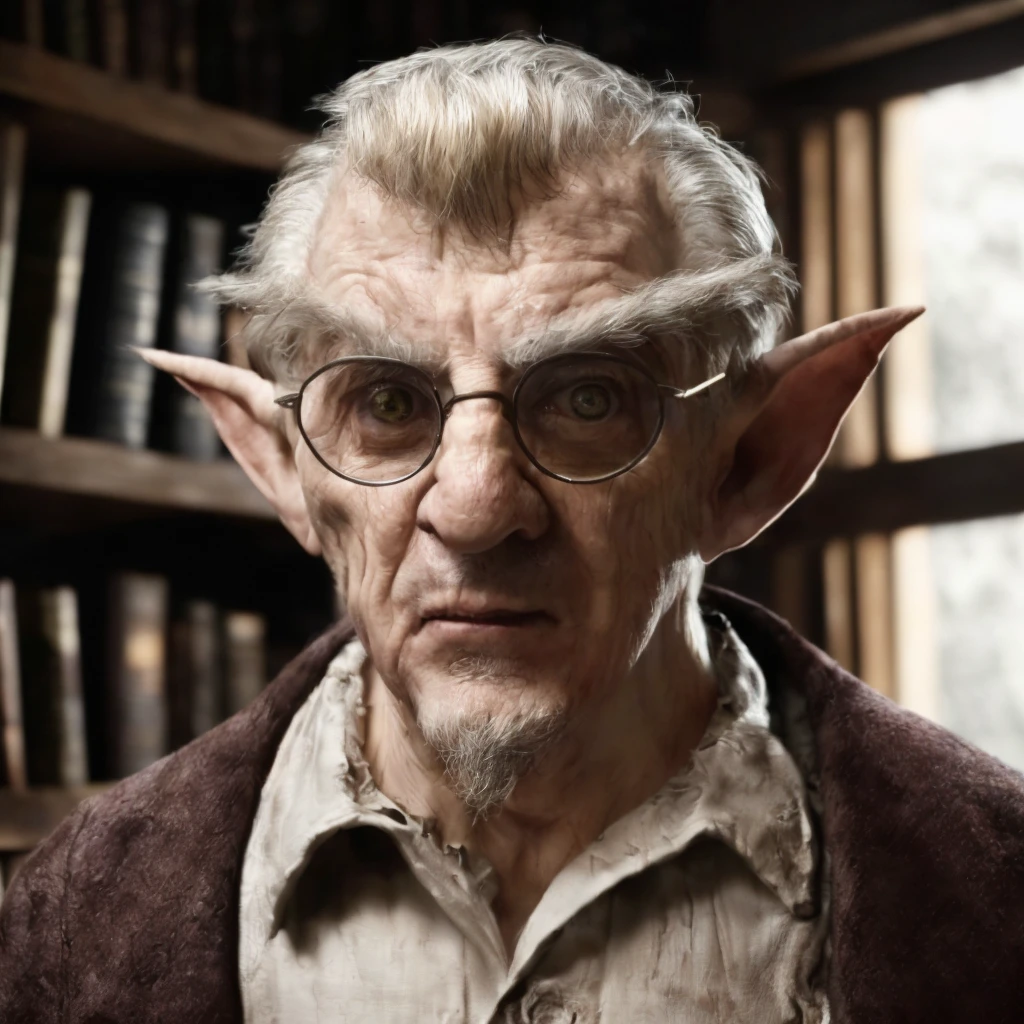 (masterpiece)+, (extremely (realistic)+,a portrait of an ugly mature male gnome librarian, wearing glasses, sand blond hair, child-like facial features, long brush linke brows, goat beard, pointy ears, small chin, big eyes, annoyed stare. Looking in camera. volumetrics dtx, Photorealistic, ultra detailed, Artstation trending, very very detailed, realistic shaded lighting, dynamic shadows, detailed Fantasy small town library background, upper body, professional photograph of a detailed skin, sharp focus, dramatic, award winning, cinematic lighting, octane render, unreal engine, volumetrics dtx, Photorealistic, ultra detailed, Artstation trending, very very detailed, hyperrealistic, fine details, realistic shaded lighting, dynamic shadows, Fantasy small town library background, add_detail:1, skin pores and wrinkles, details.,More Reasonable Details