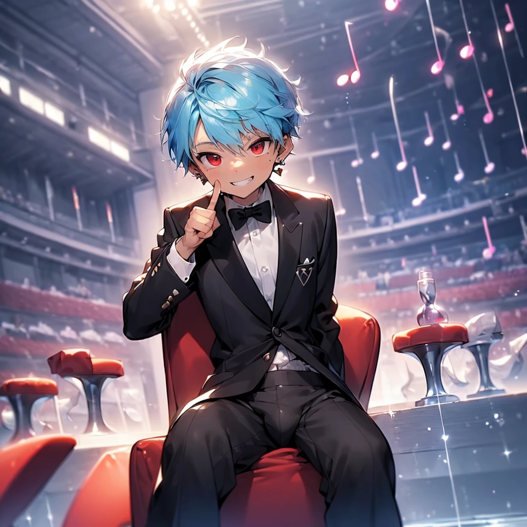 (solo:2.5), (boldline:-1.7), (put index finger on mouth:1.5), (floating musical notes:1.7), (sitting on red chair:1.5), (((fang))), (((best finger))), BREAK (best quality:1.5), (absolutely resolution:1.5), (ultra detailed:1.5), (masterpiece:1.5), (perfect face), (detailed face), (detailed eyes:1.3), (best eyes), (cute face), (shota:2), BREAK (tuxedo:1.5), (bulge:1.6), (skinny:1.3), BREAK (light blue hair:1.5), (spiked hair), (wine red eyes:1.4), (eyes with highlight:1.6), ((mole under eye)), (sweaty skin), (grin:1.5), ((earrings)), (shiny skin:1.3), BREAK (concert hall:1.5), (spot light:1.3), (at concert), (many people), ((wind blowing)), frow below, (upper body),