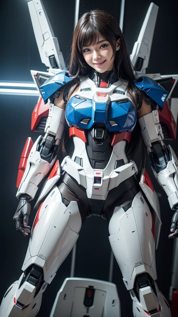 Textured skin, Super Detail, high details, High quality, Best Quality, hight resolution, 1080p, hard disk, Beautiful,(Gundam),Beautiful Smile,beautiful cyborg woman,Mecha Cyborg Girl,Battle Mode,Girl with a Mecha Body,She wears a futuristic Gundam mecha,Fulll body Shot