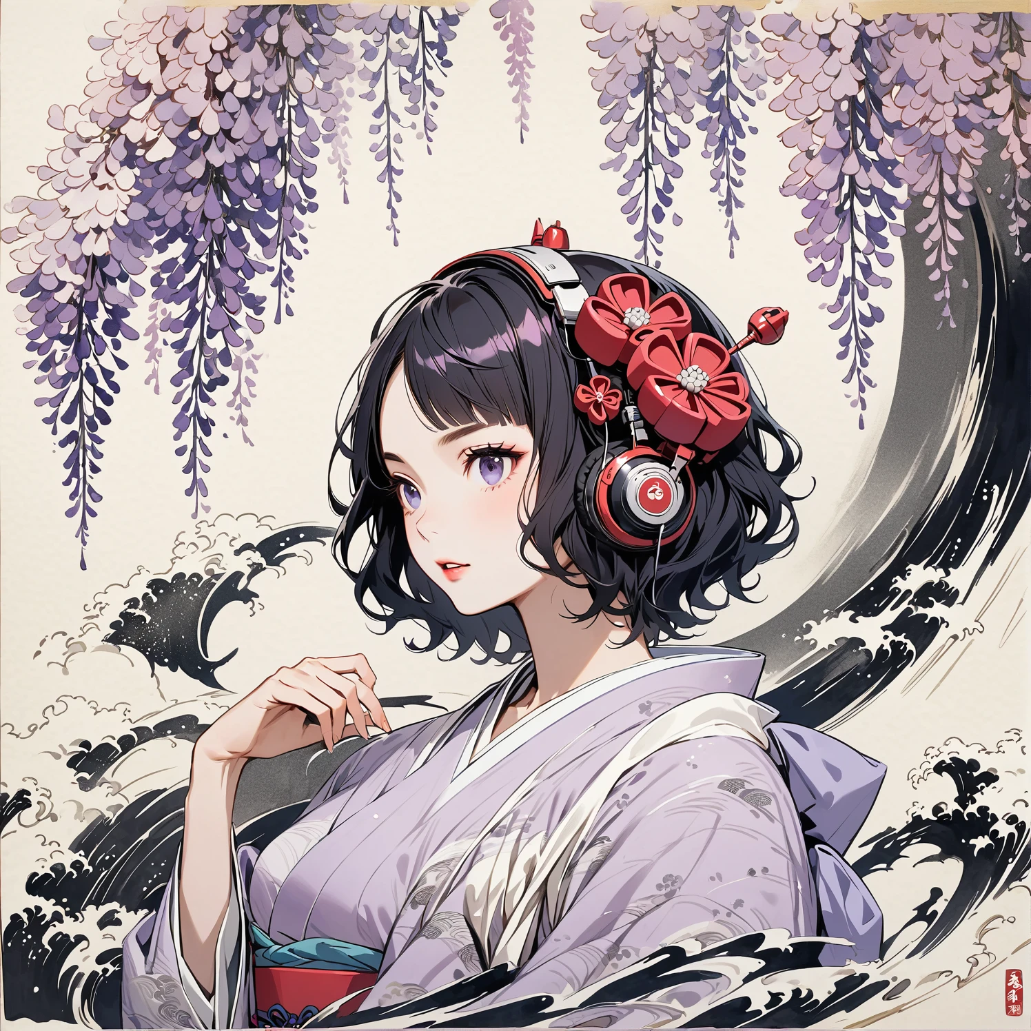 Highest quality, Katsushika Hokusai, Ink Painting, (((shorthair))), (((1 girl))), (((Pale purple kimono))), Japanese style headphones, Wisteria flower, beautiful girl, Black Hair, Delicate and precise, Modern ukiyo-e style