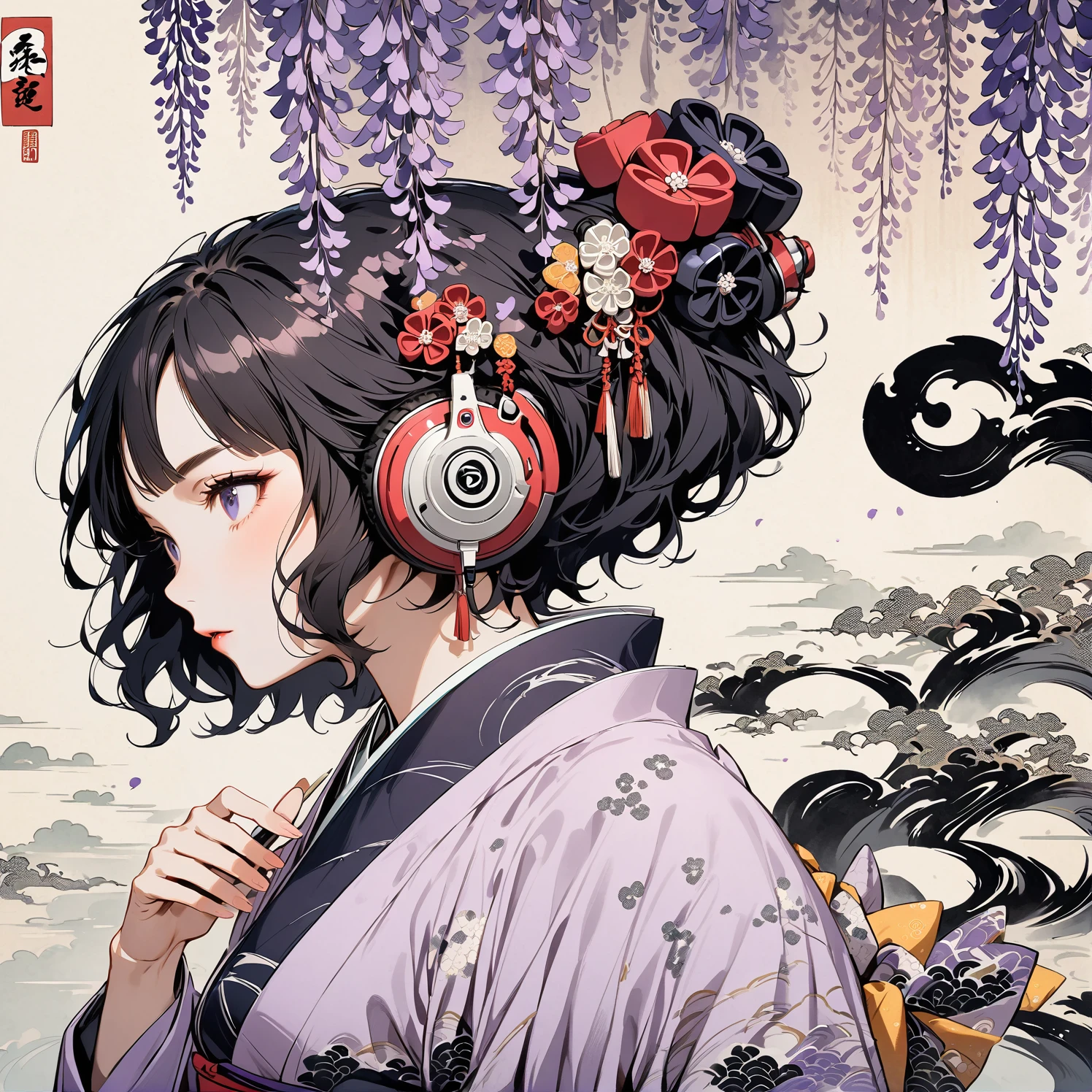 Highest quality, Katsushika Hokusai, Ink Painting, (((shorthair))), (((1 girl))), (((Pale purple kimono))), Japanese style headphones, Wisteria flower, beautiful girl, Black Hair, Delicate and precise, Modern ukiyo-e style