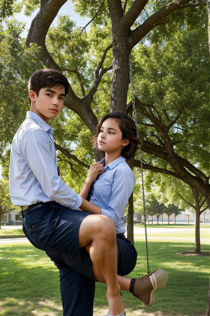 A girl is sitting under a tree in tension and a boy is swinging her from behind.