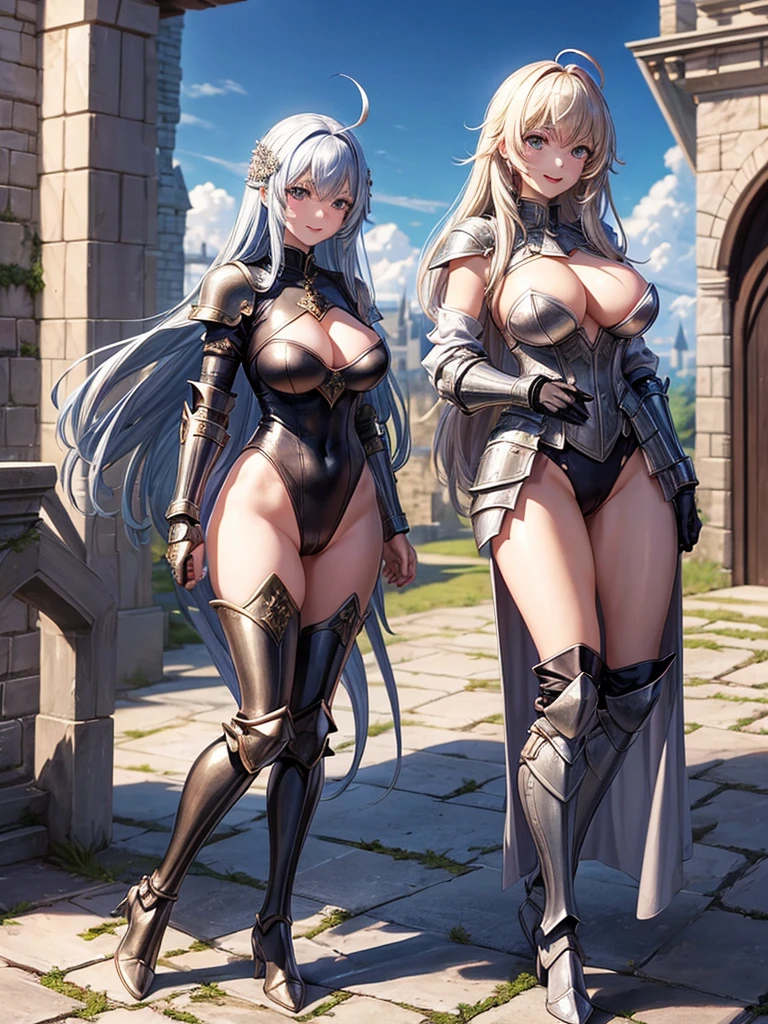 Woman knight、a beauty girl、huge tit、Excellent style、Nice Buddy、glamorous、leotard、s Armor、Bra chest armor、knee boots、gauntlets、hair adornments、silber hair、Longhaire、Ahoge、a medieval castle、is standing、full body seen、Outside the castle、natta、a smile、slightly open mouth