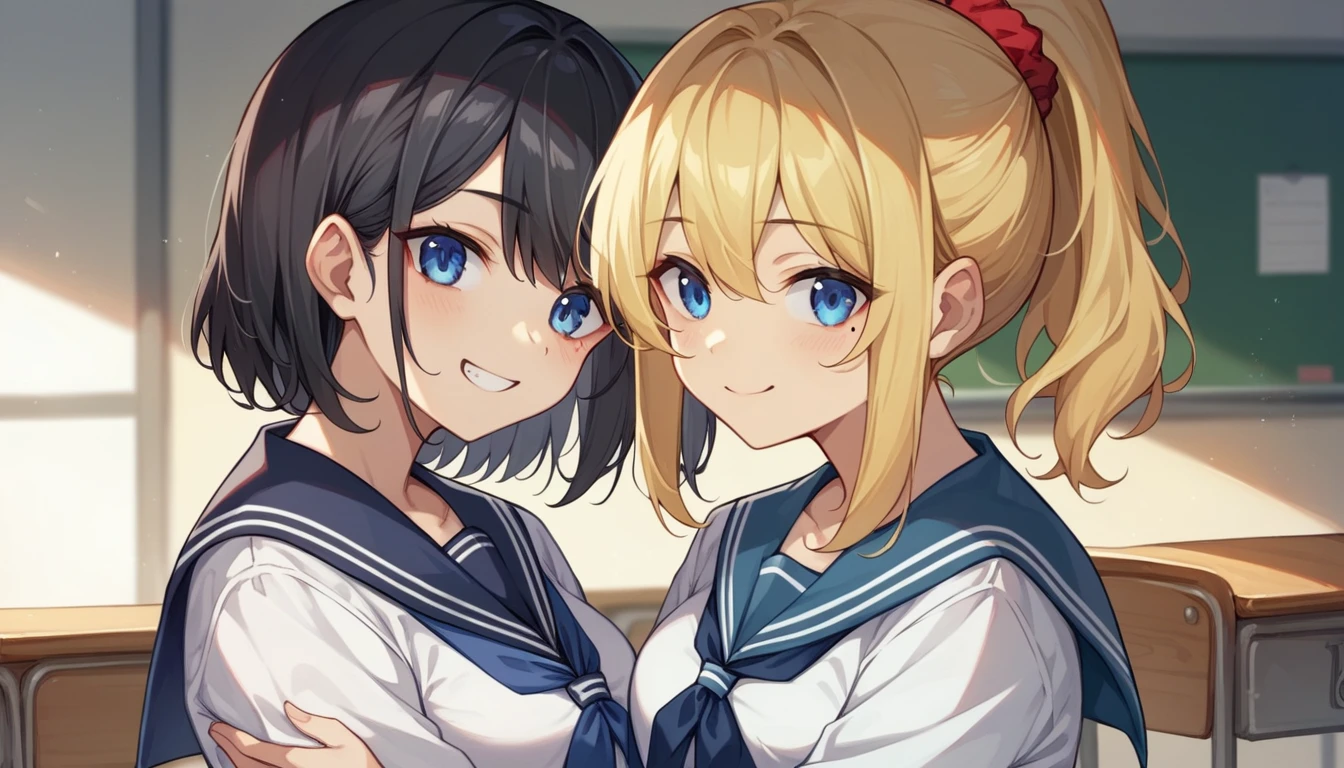 Portrait、512、High School Girl A(Medium hair with black hair、Canine、Tear mole on left eye、White and navy blue sailor suit、smile、Trying to eat rice ball)、High school girl B(ponytail、Blonde、blue eyes、Red scrunchie、White and navy blue sailor suit、Lunch box on lap)、classroom、Lunch scene