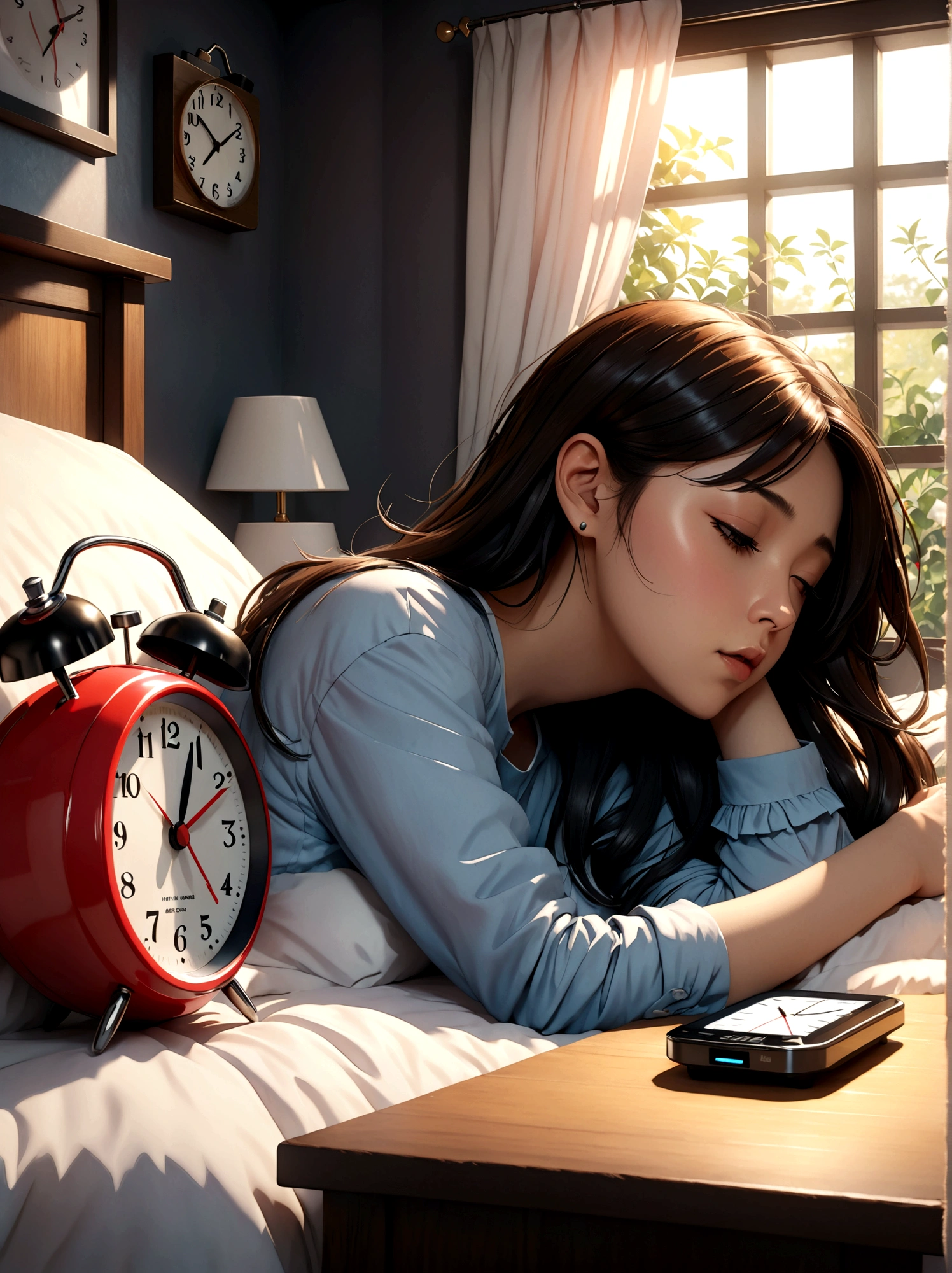 Ultra-high-resolution 8K portrait of a hyper-realistic J-POP styled bedroom scene with a beautiful woman repeatedly hitting the snooze button on her alarm clock in the morning, extremely detailed, cinematic composition, trending on ArtStation