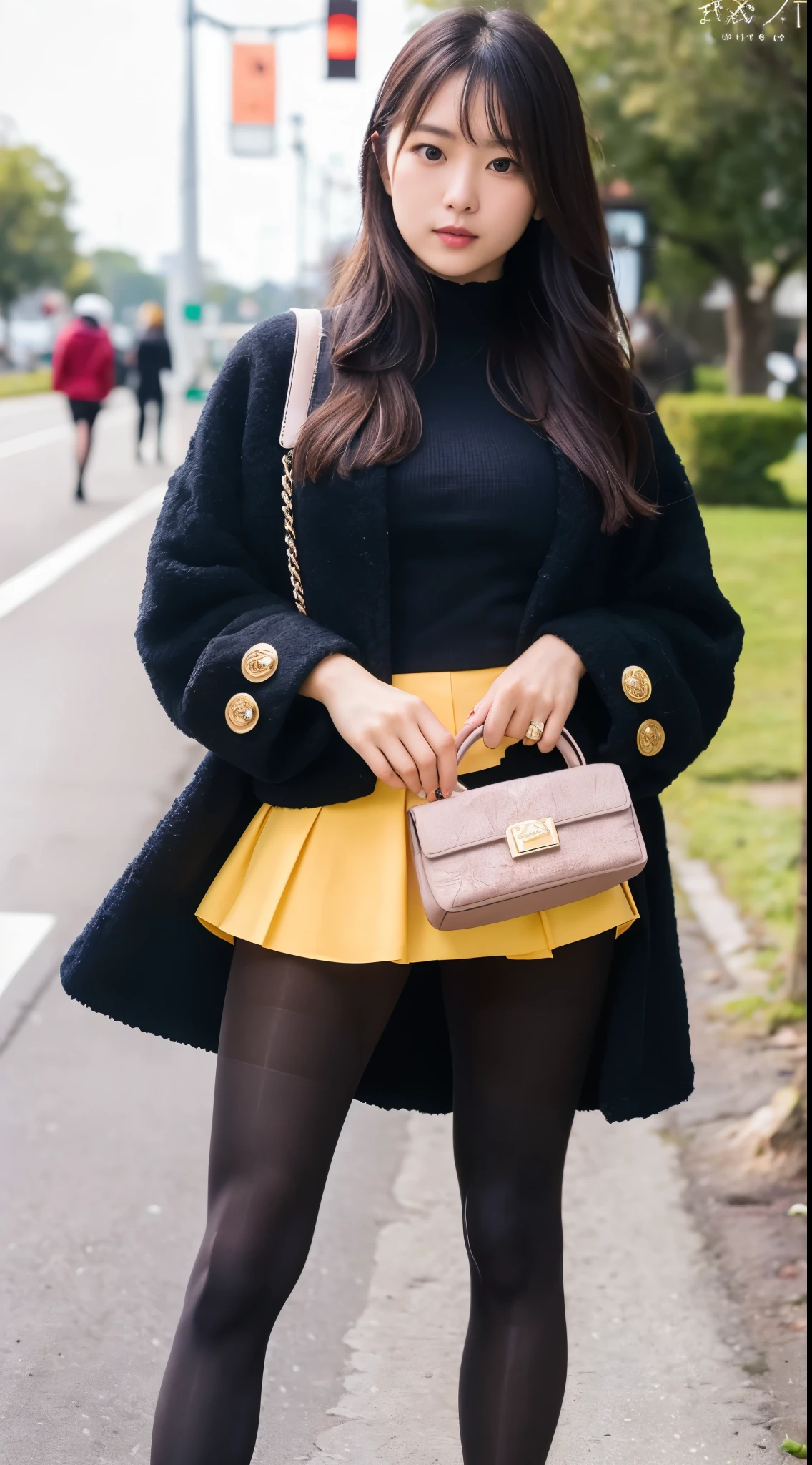 (((masterpiece))), (((Highest quality: 1.4))), ((Very detailed: 1.4)) , ulzzang-6500-v1.1, (RAW Photos:1.2), (Photorealistic), (Genuine:1.4), Sharp focus、Handbagsと財布を持ってベンチに座っている女性, Ayaka, Chiho, Yoshitomo Nara, Wearing a honey-themed miniskirt, (Ultra-realistic pantyhose:1.5), Shot on a Canon 80d, Shot with Canon EOS 5D Mark IV, 👰 🏇 ❌ 🍃, translator, Handbags, 🤬 🤮 💕 🎀