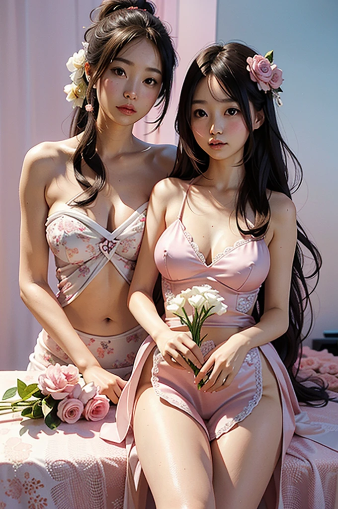 One Girl, Large Breasts, Floral, Lisianthus ,Light Pink and light blue styles., A dreamy, romantic piece., Light Pink, Intangible documents, A fun arrangement, Fantasy, High Contrast, Ink strokes, explosion, Overtouch, Impression of purple and red tones , Abstract, Negative Space,