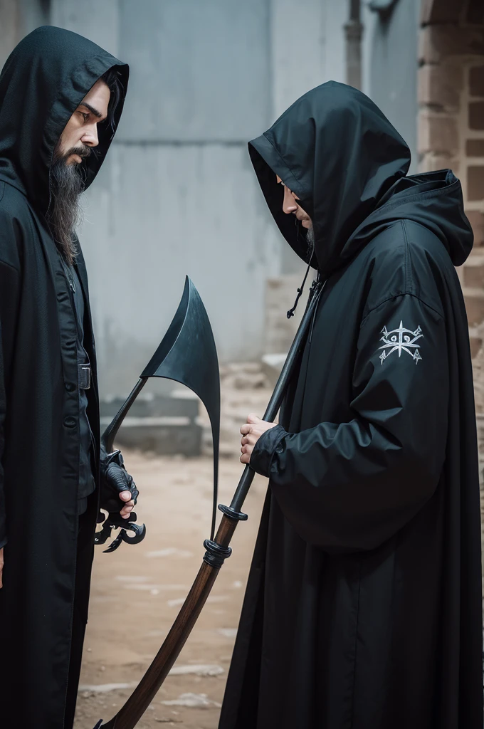 A photo of death with the scythe in his hand and with a hood, in front of death a writing saying ( REV FEESTYL)