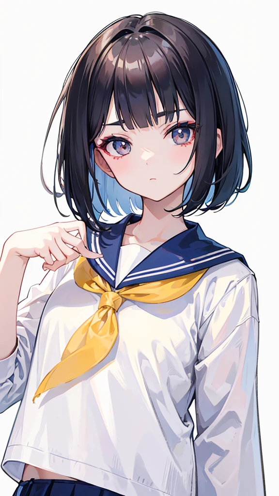 Please create an image that adheres to the following characteristics: - Short bob hairstyle - Short bangs on the forehead that expose the eyebrows - Asian features with wide, lively eyes - Natural make-up - Sailor uniform - Simple white background