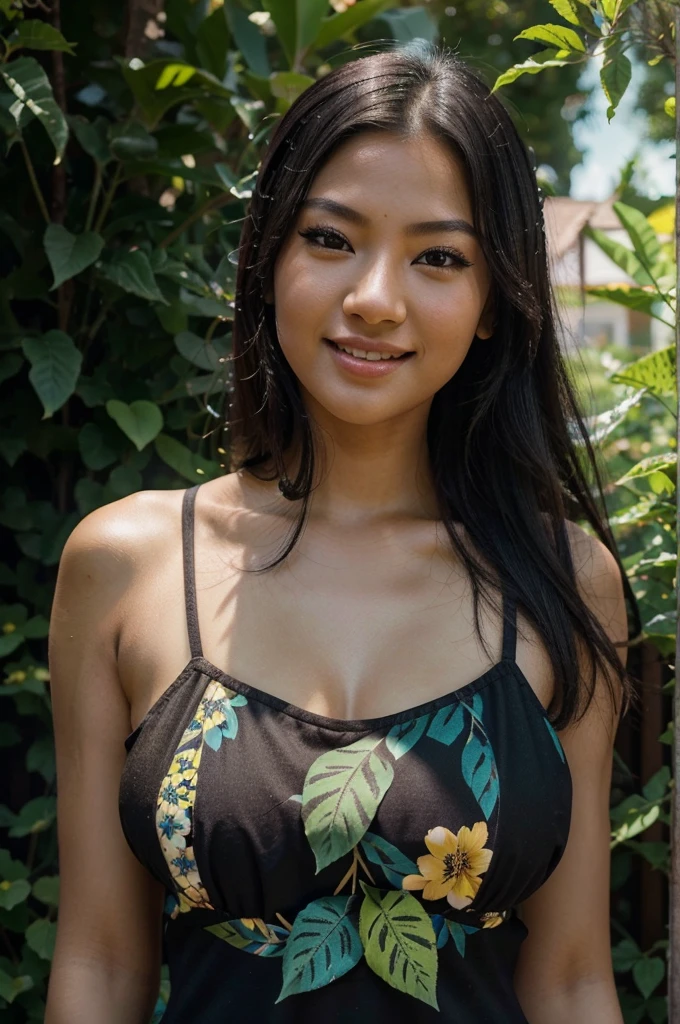sexy girl asian, girl black,in black a dress, smile, a photorealistic,with only friends, playing volleyball, beautiful detailed lips, long eyelashes, beautiful woman, woman in nature, girl in garden, girl sexy, detailed petals, vibrant colors, lush foliage, sunlight, warm lighting, (best quality,4k,8k,