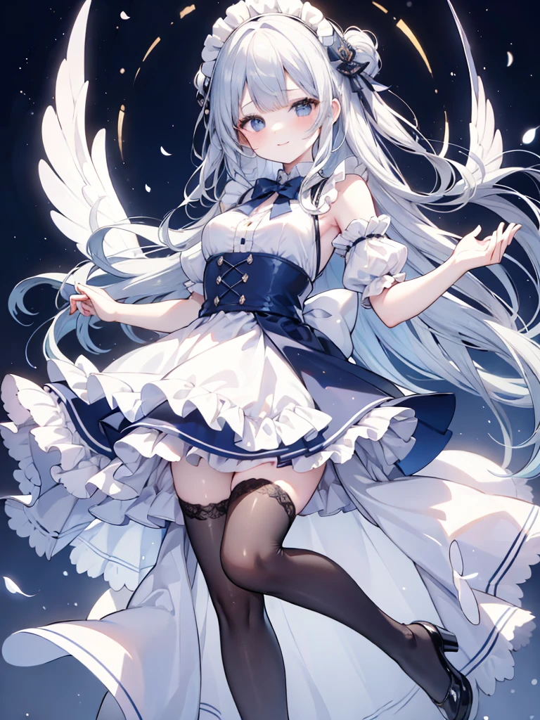 best quality,masterpiece,detailed face, uncensored, 1girl, solo focus, smile, blush, solo, full body, standing, dark blue hair, long hair,low tied hair, forehead, blue eyes, maid, maid headdress, dark blue dress, puffy sleeves, elbow gloves, white gloves, apron, long skirt, dark blue skirt, white thighhighs,Masterpiece, Top Quality Anime Illustration, Super Detail, One Girl, Solo, Beautiful Girl with Silver Hair, Anime , maid dress,Smile,(white background),((charming))、perfect proportions, cute woman, baby face, BREAK source_anime, high detail, looking at viewer,POV, large chest, best quality, highly detailed, young face,Droopy eyes,relaxed face,