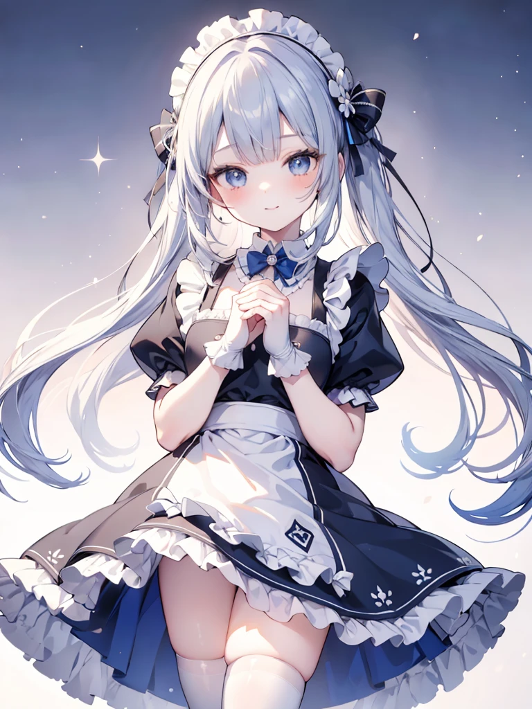 best quality,masterpiece,detailed face, uncensored, 1girl, solo focus, smile, blush, solo, full body, standing, dark blue hair, long hair,low tied hair, forehead, blue eyes, maid, maid headdress, dark blue dress, puffy sleeves, elbow gloves, white gloves, apron, long skirt, dark blue skirt, white thighhighs,Masterpiece, Top Quality Anime Illustration, Super Detail, One Girl, Solo, Beautiful Girl with Silver Hair, Anime , maid dress,Smile,(white background),((charming))、perfect proportions, cute woman, baby face, BREAK source_anime, high detail, looking at viewer,POV, large chest, best quality, highly detailed, young face,Droopy eyes,relaxed face,