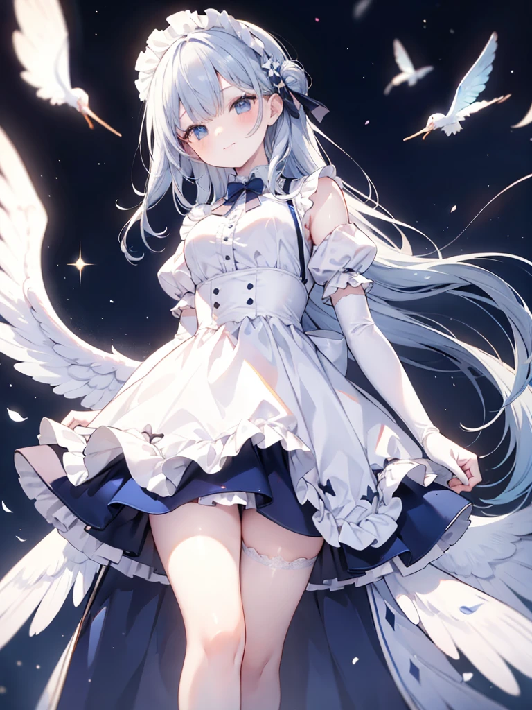 best quality,masterpiece,detailed face, uncensored, 1girl, solo focus, smile, blush, solo, full body, standing, dark blue hair, long hair,low tied hair, forehead, blue eyes, maid, maid headdress, dark blue dress, puffy sleeves, elbow gloves, white gloves, apron, long skirt, dark blue skirt, white thighhighs,Masterpiece, Top Quality Anime Illustration, Super Detail, One Girl, Solo, Beautiful Girl with Silver Hair, Anime , maid dress,Smile,(white background),((charming))、perfect proportions, cute woman, , BREAK source_anime, high detail, looking at viewer,POV, large chest, best quality, highly detailed, young face,Droopy eyes,relaxed face,