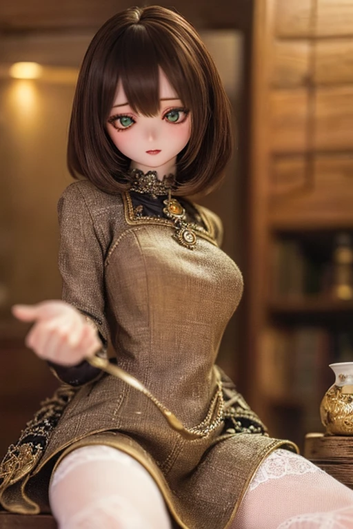 photorealistic, realistic photo, (sfw:2), ((highest quality)), ((masterpiece)), (extremely detailed), kukolnydom, doll, (mature woman:1.6), cowboy shot, solo, skinny, slender, dress, green eyes, almond eyes, light smile, (dynamic pose, looking away, blank eyes, empty eyes, detailed eyes, brown hair, medium hair:1.3), museum, 8k